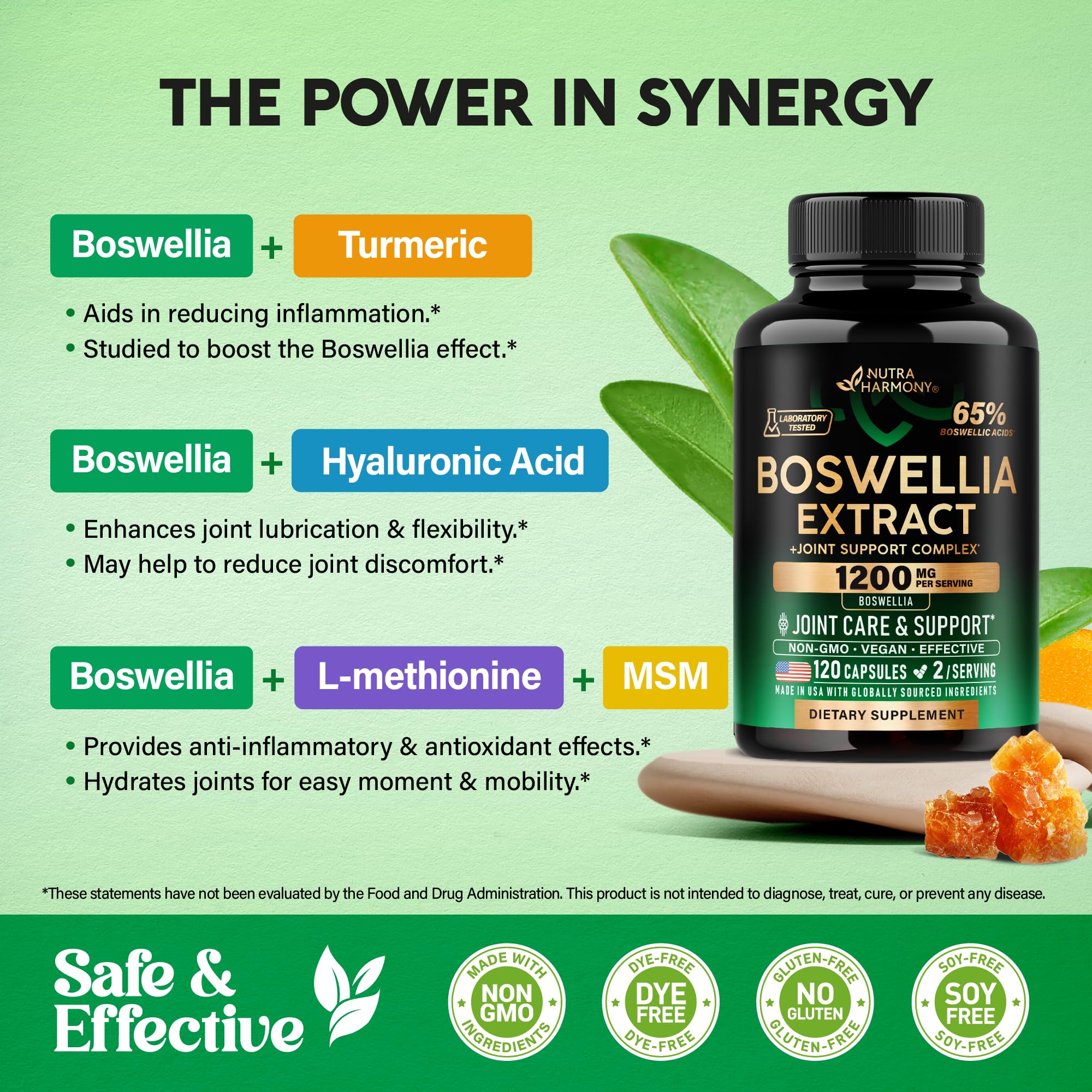 Boswellia 1200mg - 65% Boswellic Acid | Joint Health & Mobility | Turmeric, MSM & Hyaluronic Acid | Made in USA - 120 Capsules