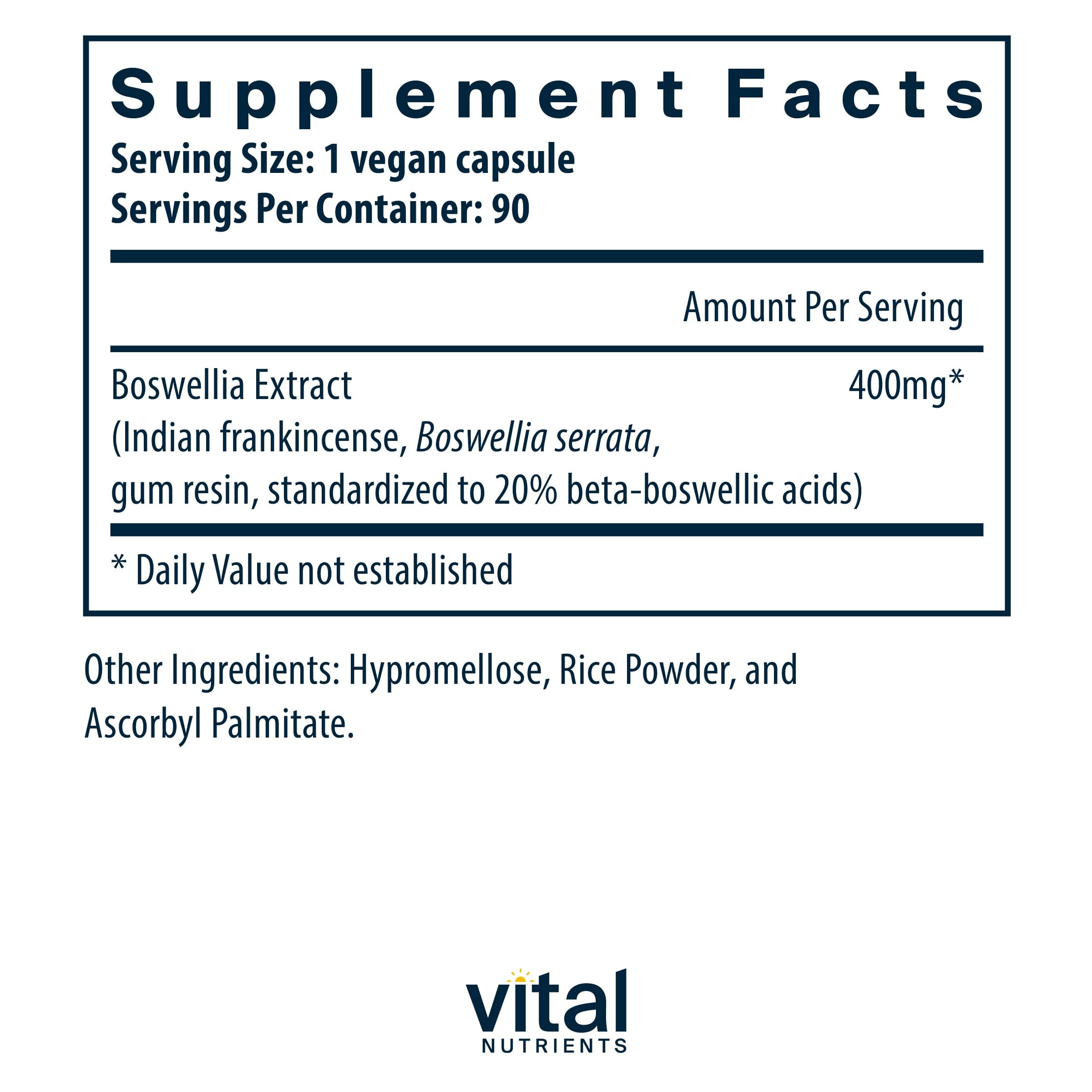 Vital Nutrients Boswellia Extract 400mg | Boswellia Capsules for Joint, Immune & Digestive Health | Gluten Free, Non-GMO | 90 Capsules