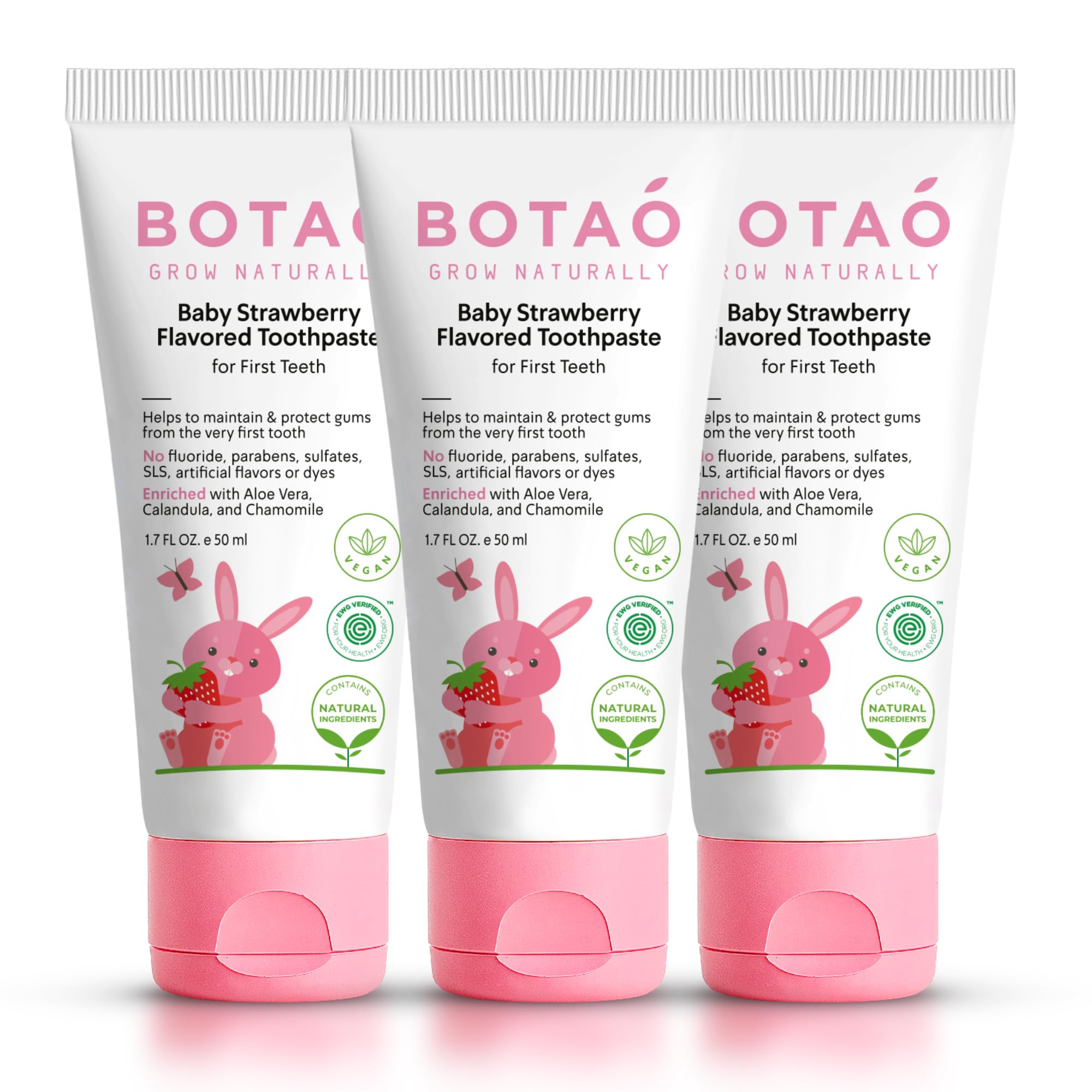 BOTAO Fluoride Free Baby Toothpaste | Natural Toddler Toothpaste | Strawberry Flavored - Training Toothpaste for Toddlers | EWG Verified, Vegan, SLS Free, Safe to Swallow, Aloe Vera (3 Pack)