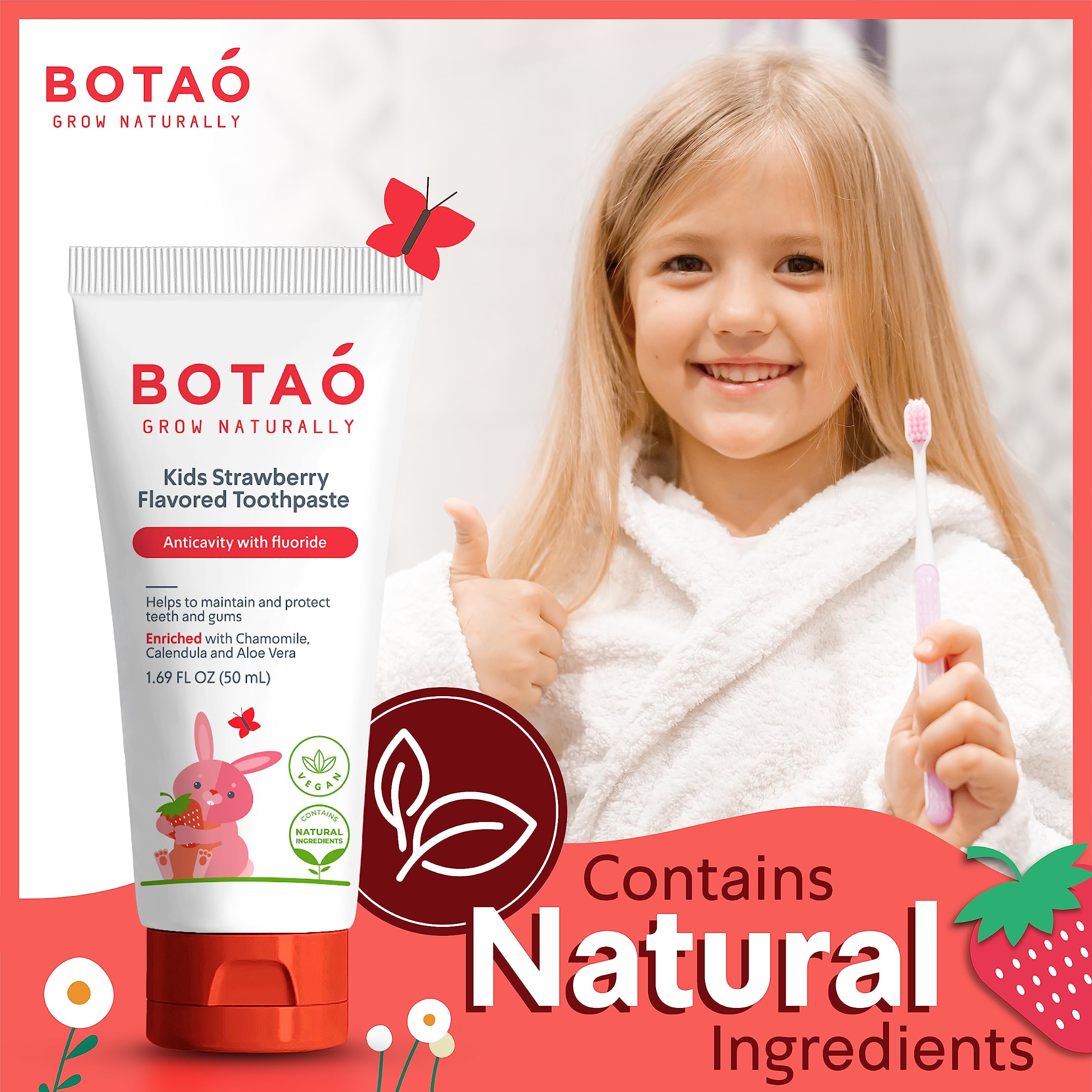 BOTAO Kids Toothpaste | Natural Strawberry Flavor | Anticavity Fluoride (2 Pack) | EWG Verified, Vegan, SLS Free