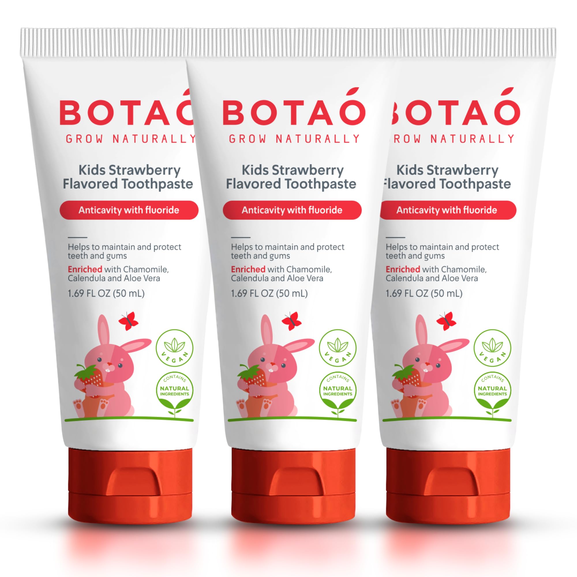 BOTAO Kids Toothpaste | Natural Strawberry Flavored Anticavity Fluoride Toothpaste Maximum Cavity Protection| EWG Verified, Vegan, SLS Free, Safe to Swallow, Aloe Vera (3Pack)