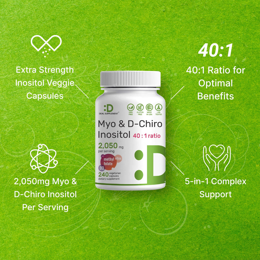 Myo-Inositol & D-Chiro Inositol for Women (40:1) – 2,050mg/serving | 240 Veggie Capsules | Non-GMO