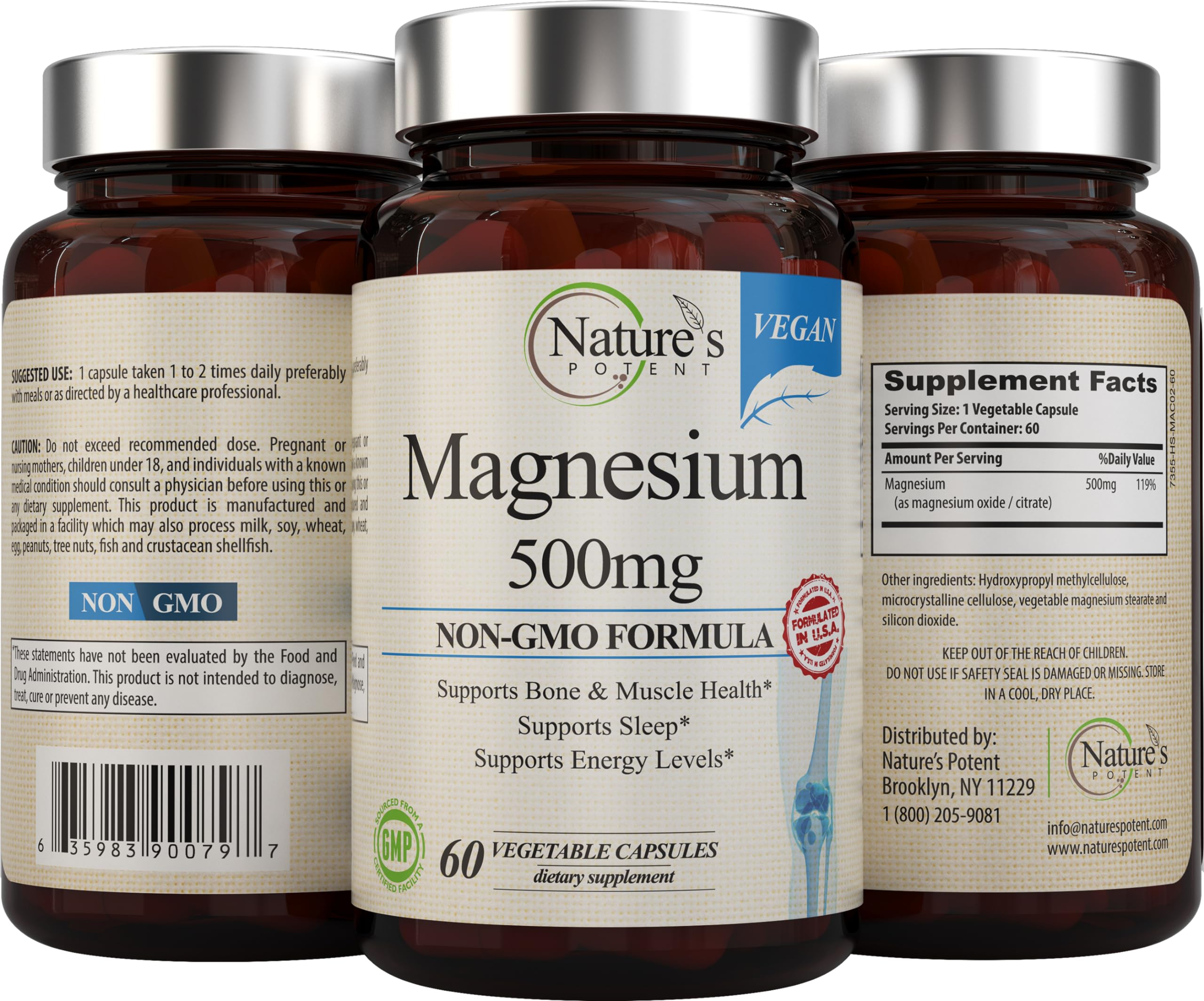 Nature's Potent Magnesium Supplements | Magnesium Citrate & Oxide 500mg | Vegan, USA Made, Sleep Support - 60 Veggie Capsules