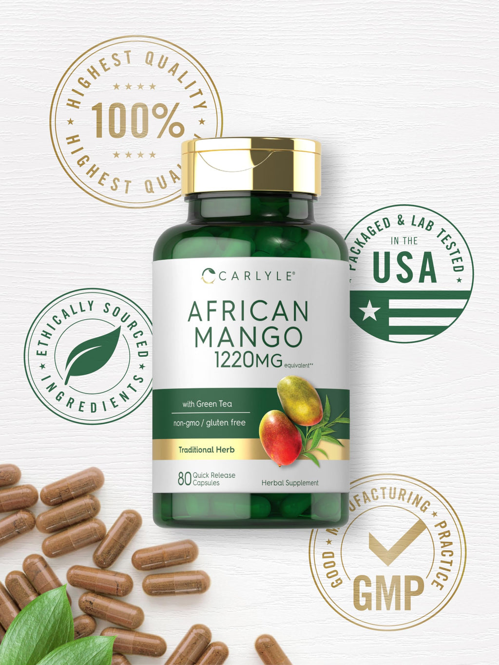Carlyle African Mango 1220mg - 80 Caps | Green Tea Extract | Non-GMO, Gluten Free