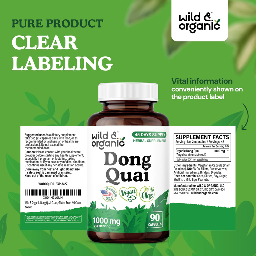Wild & Organic Dong Quai Capsules for Women - 1000 mg per Serving | 90 Count | Vegan, Non-GMO