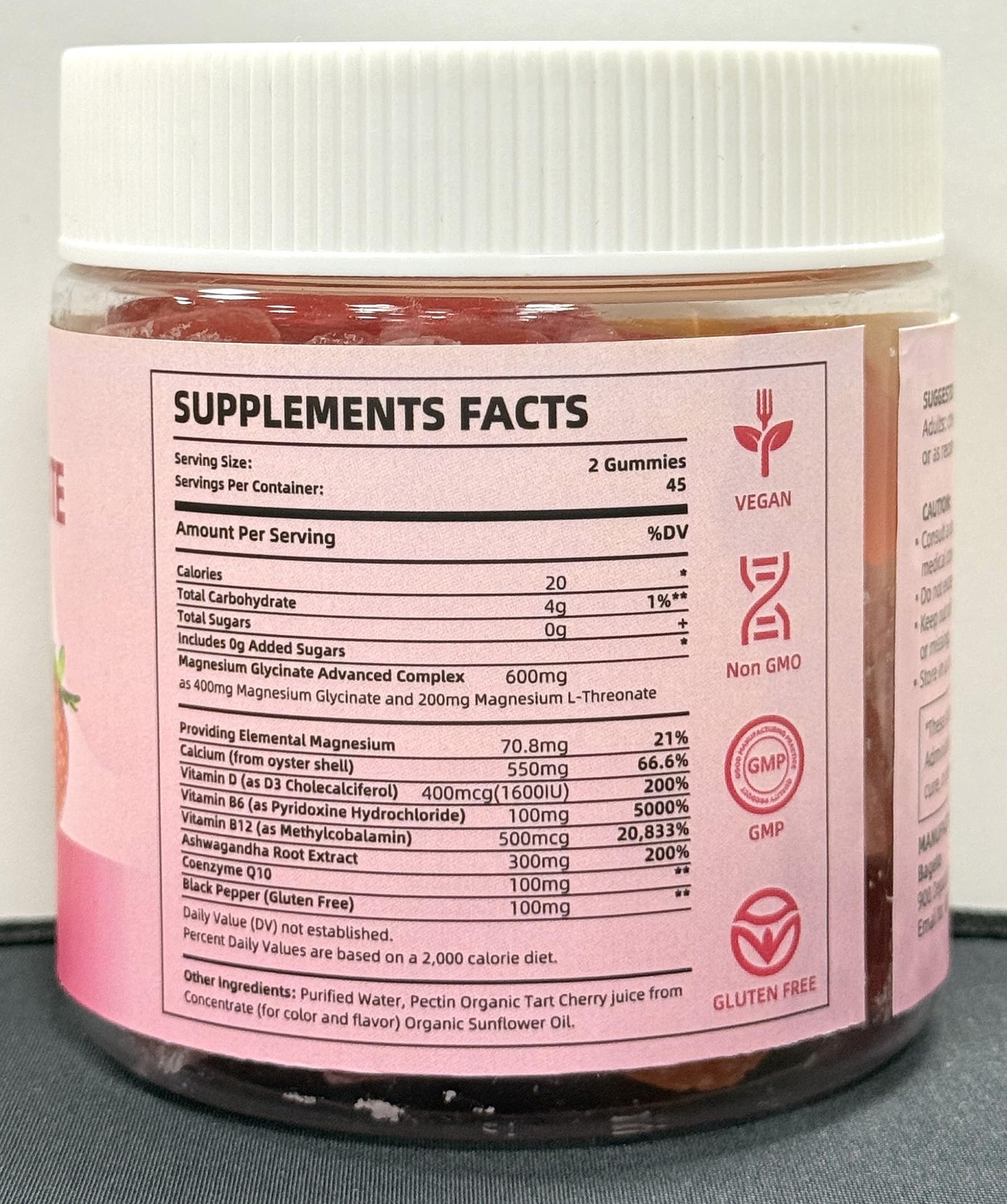 Magnesium Glycinate Gummies Sugar Free 90 Count | 400mg Mg + 200mg L-Threonate, Ashwagandha, Vitamin D, B6, B12 | Sleep & Stress Support | Strawberry