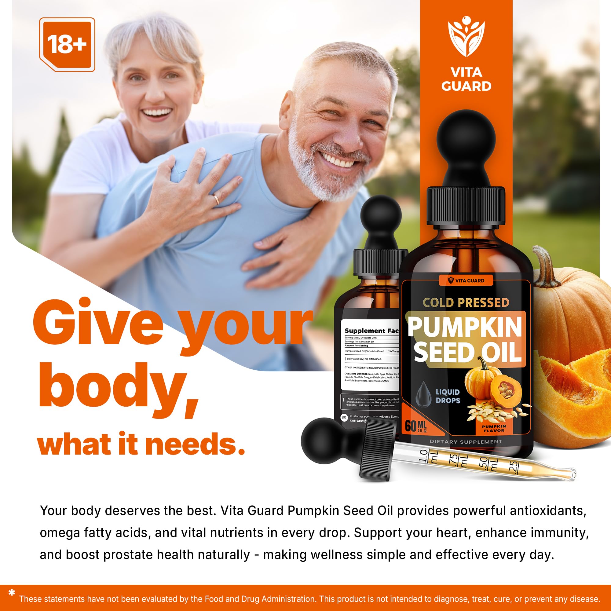 Vita Guard Cold Pressed Pumpkin Seed Oil Liquid Drops – 2000mg per Serving | Vegan, Gluten-Free, Non-GMO | Hair, Skin & Prostate Support | Natural Pumpkin Flavor | 60ml Dietary Supplement