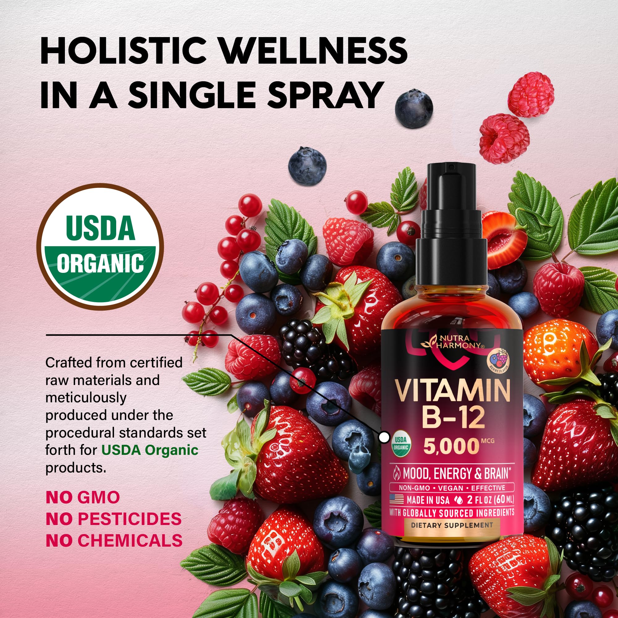 USDA Organic Vitamin B12 Sublingual Spray 5000 mcg - Vegan Methylcobalamin | 2 fl oz | 2 Month Supply