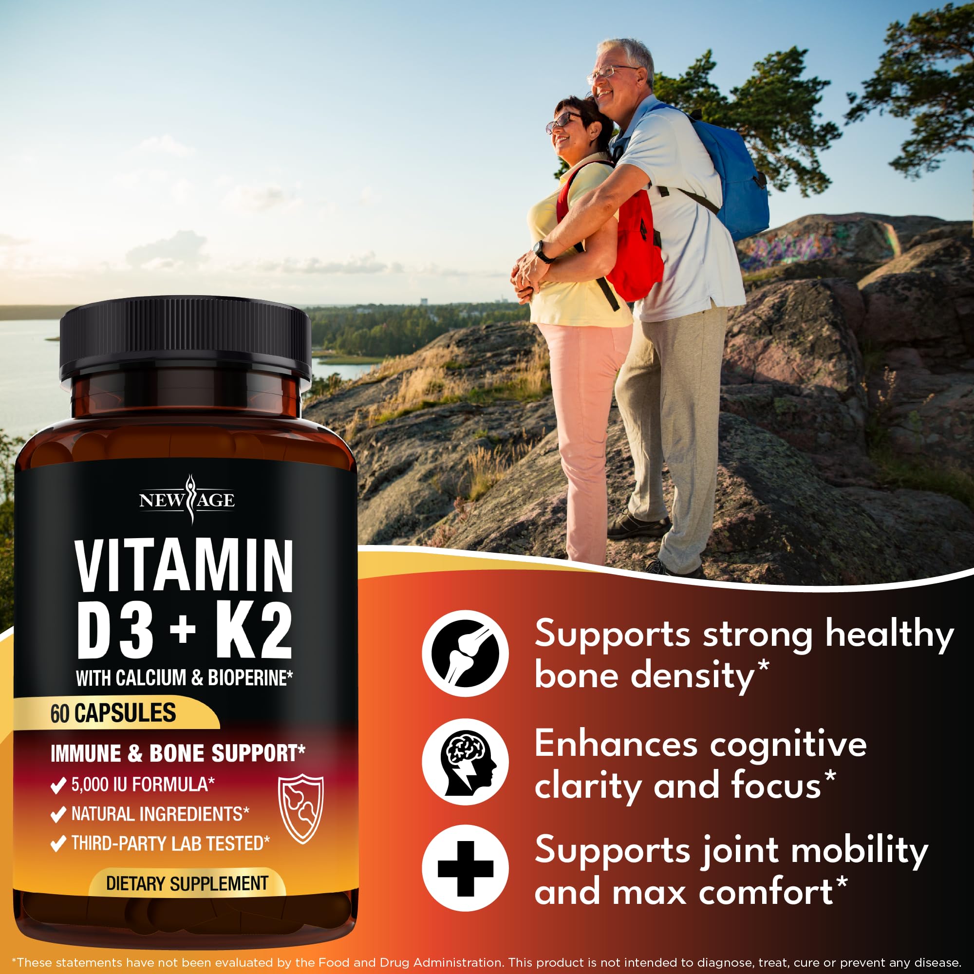 Vitamin D3 5000 IU + K2 MK-7 100 mcg – 2-in-1 Bone, Immune & Heart Support