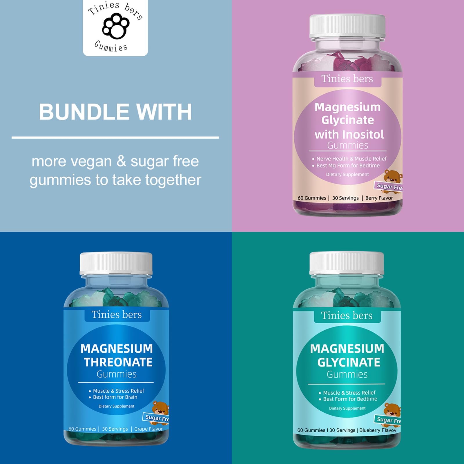 Magnesium Glycinate Gummies 400mg + Inositol 500mg for Women – Sleep & Stress Support, Sugar Free, Gluten Free, Vegan | 60 Gummies