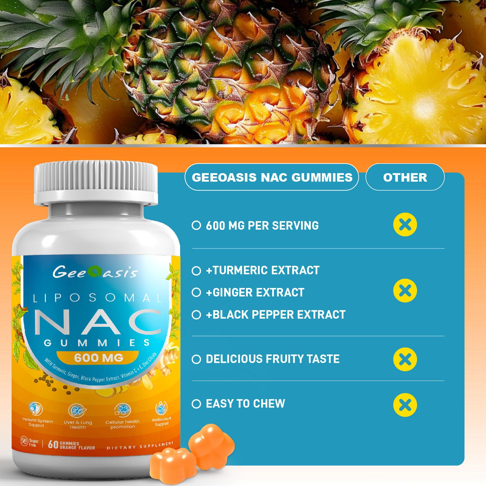 Liposomal NAC Gummies 600mg | NAC Supplement for Immunity, Liver & Lung Health | Sugar-Free Pineapple, 60 Count
