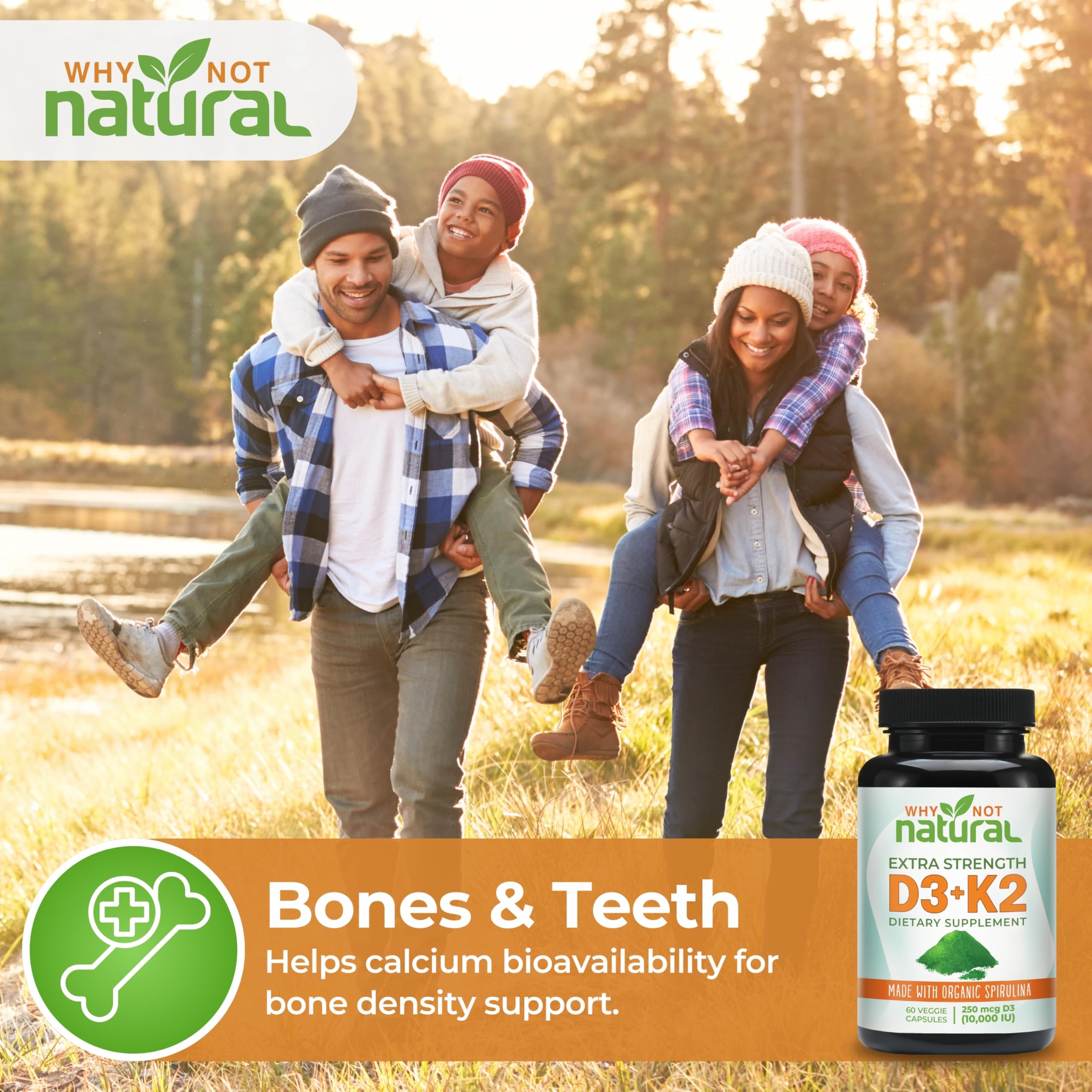Vitamin D3 K2 (MK-7) with Organic Spirulina – 10,000 IU Veggie Capsules for Bone Health & Immunity