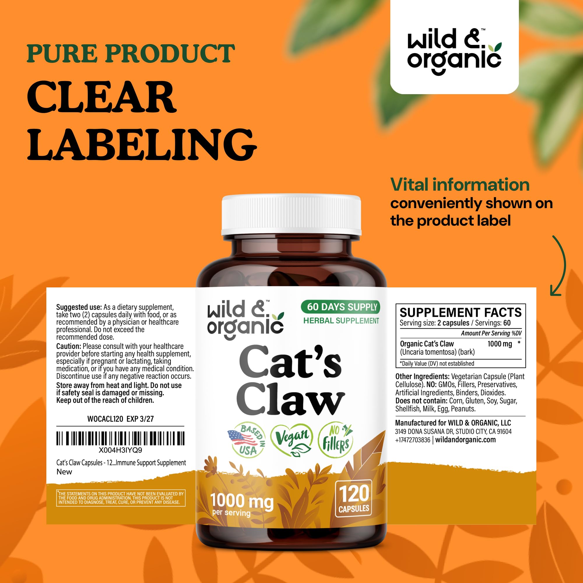 Wild & Organic Cat's Claw Capsules 1000 mg – 60 Day Immune Support