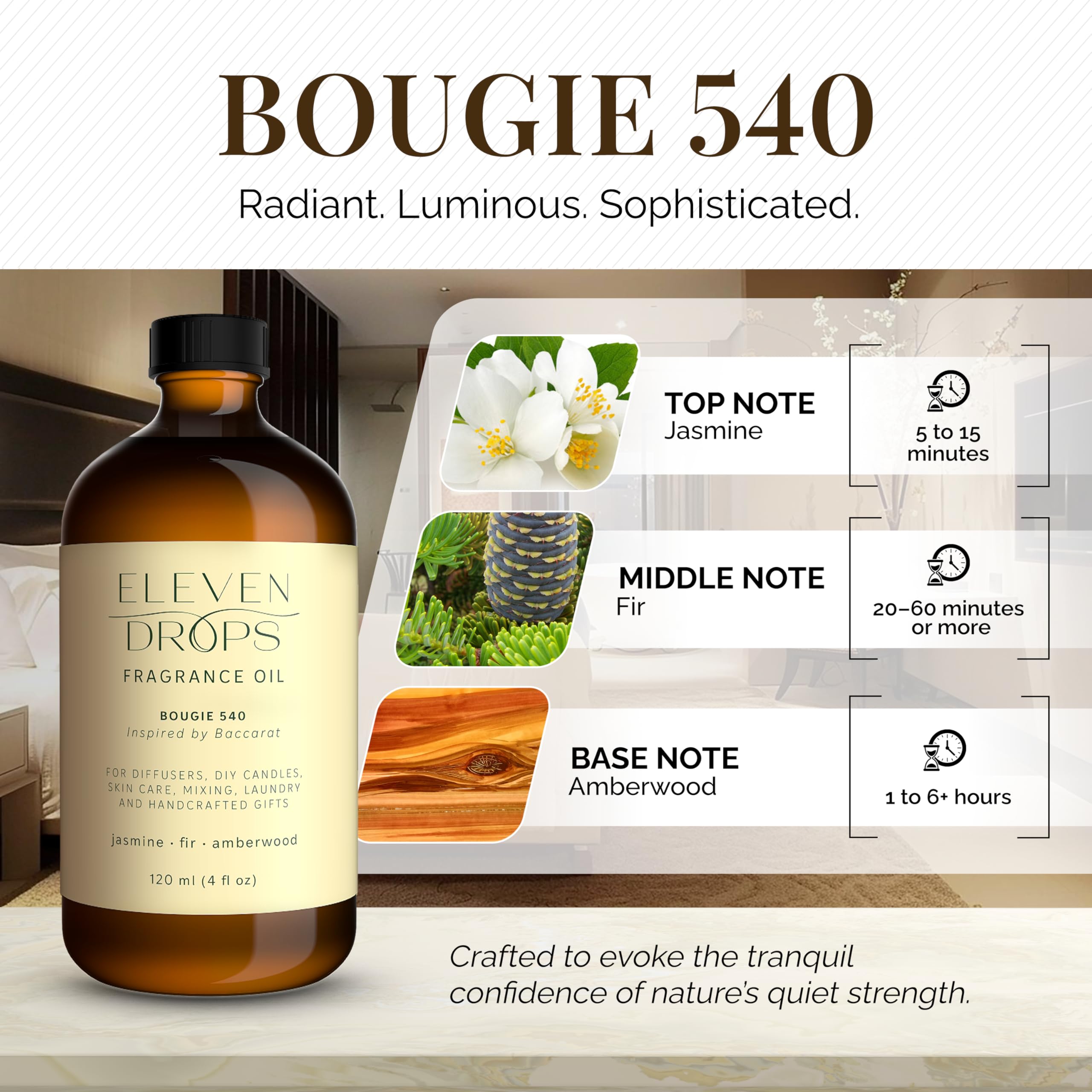 Bougie 540 Diffuser Oil – Amber & Jasmine (4 oz Glass Bottle) | Eleven Drops