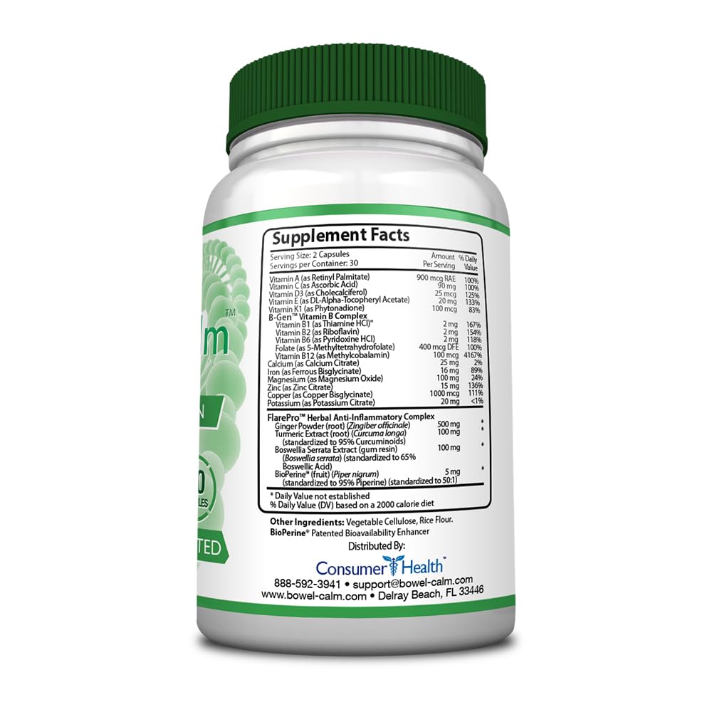 Bowel Calm: Ginger, Turmeric, Boswellia, BioPerine - One Month Supply - Non-GMO