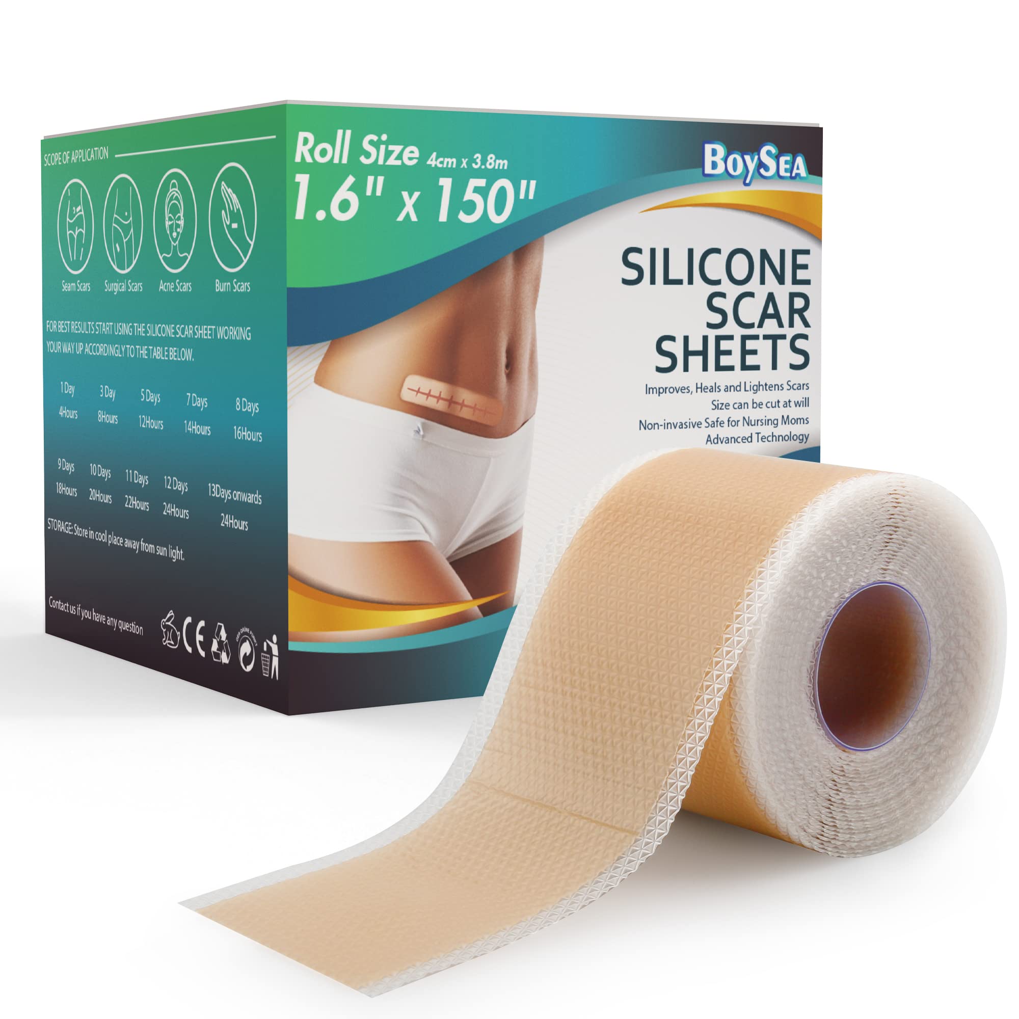 Boysea Professional Silicone Scar Sheets Roll 1.6x150 in | Reusable Scar Tape for Keloid, C-Section, Surgery, Burn & Acne