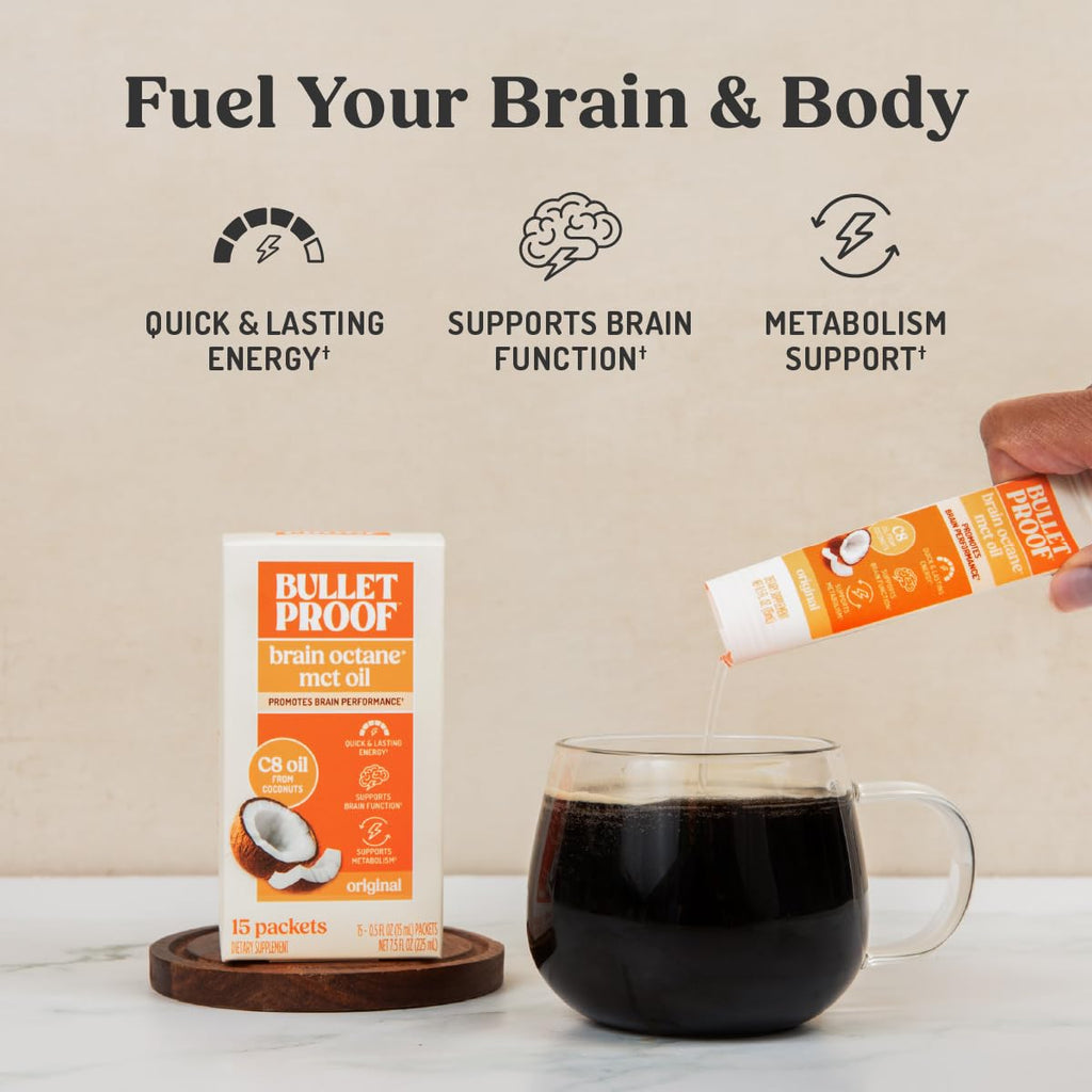 Bulletproof Brain Octane C8 MCT Oil Packets, 15-Pack – Keto Energy & Metabolism Boost