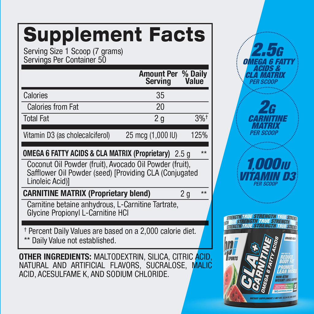 BPI Sports CLA+Carnitine – L-Carnitine & Linoleic Acid for Weight Loss & Metabolism – Watermelon Freeze – 50 Servings