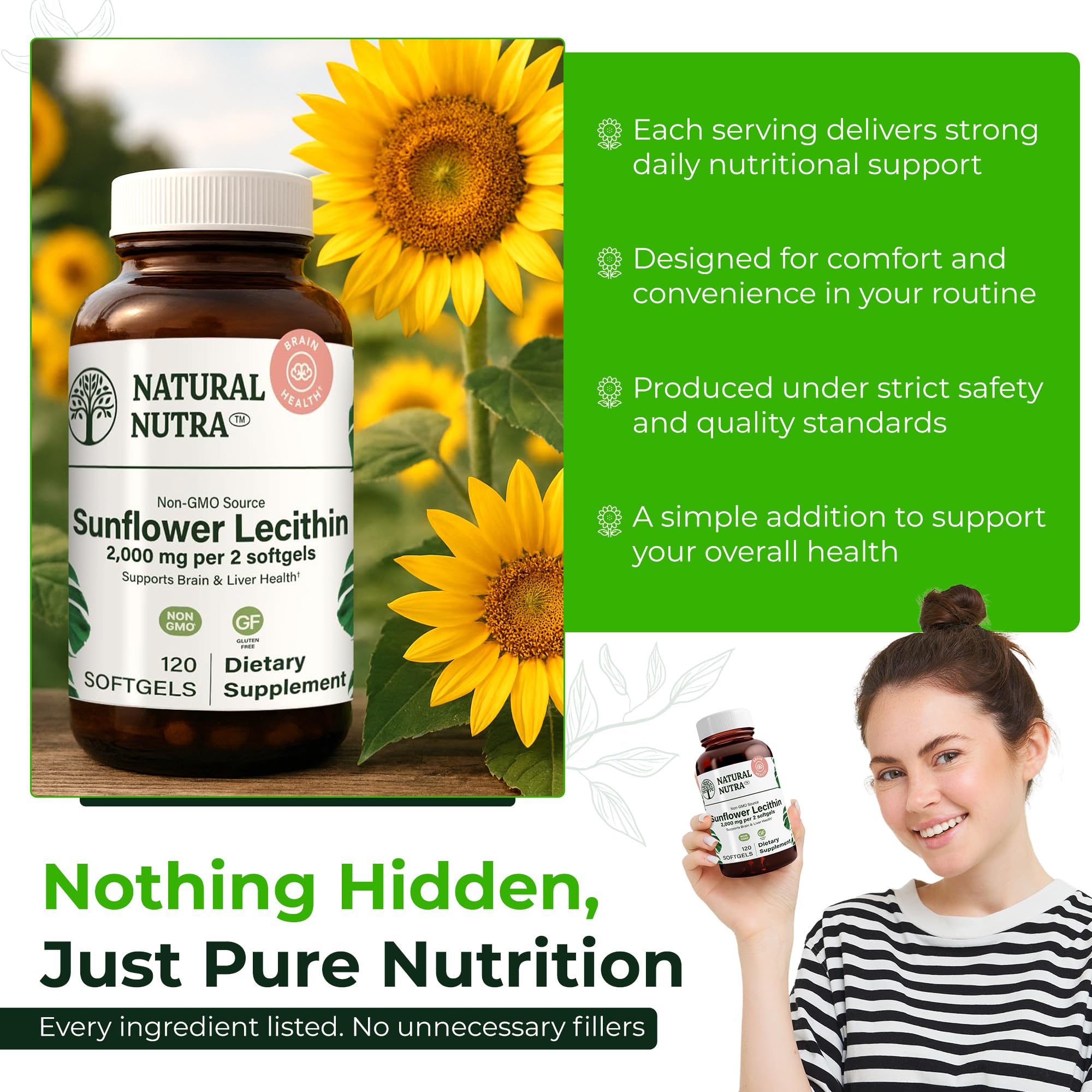 Natural Nutra Sunflower Lecithin 2000 mg | Supports Breastfeeding, Liver & Brain Health – Soy Free, Non-GMO, Gluten Free
