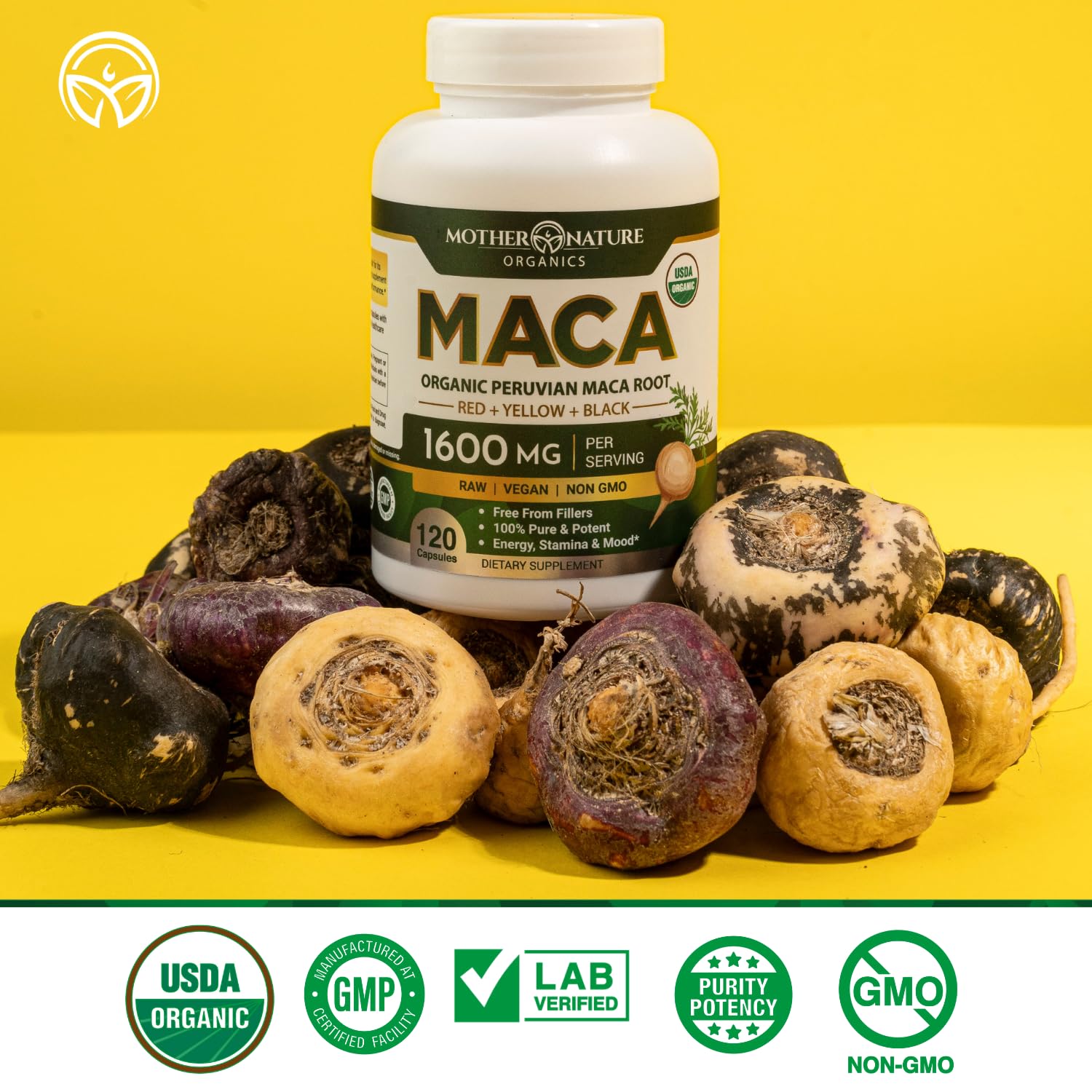 Mother Nature Organic Maca Root Capsules 1600mg – 120 Vegan, Peru Tri-Color Maca