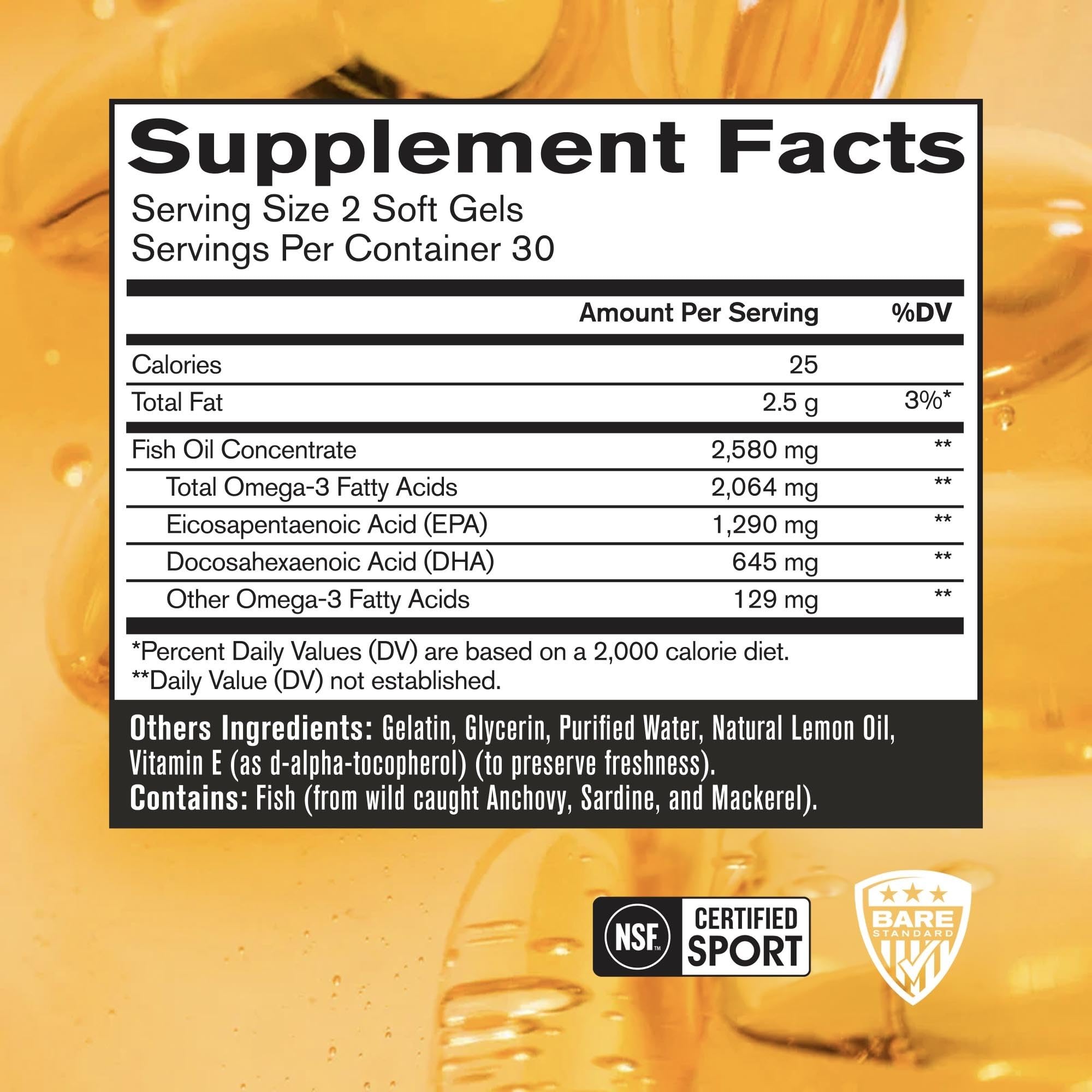 BARE PERFORMANCE NUTRITION BPN Strong Omega Fish Oil Soft Gel – 1290mg per Capsule, Wild-Caught, IFOS Certified