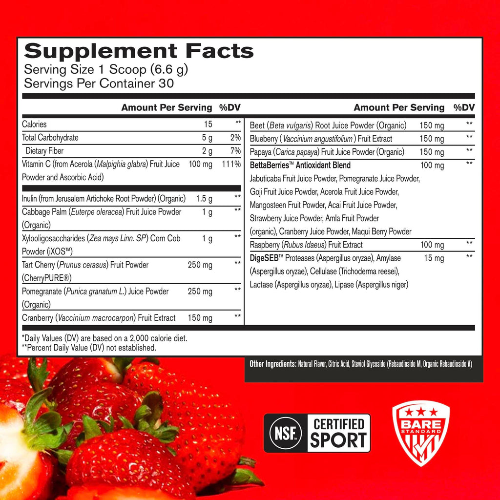 BARE PERFORMANCE NUTRITION Strong Reds Superfood Powder - Strawberry, 30 Servings