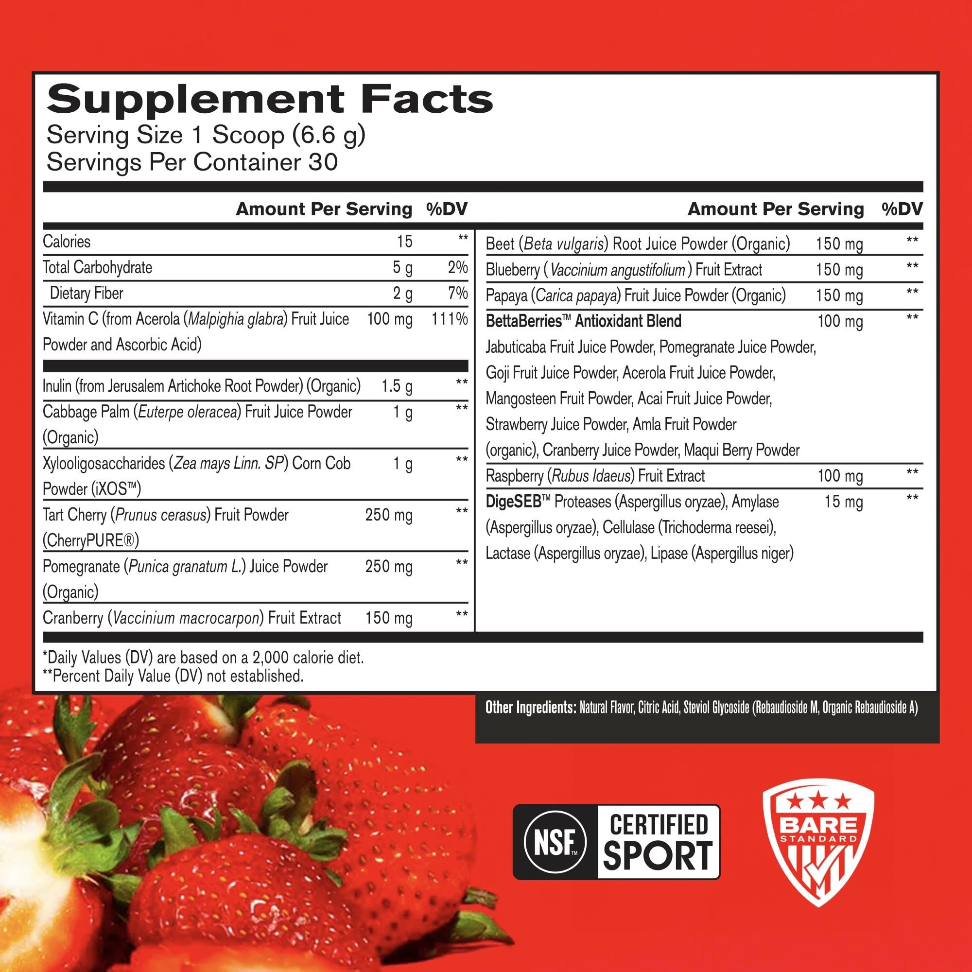 BARE PERFORMANCE NUTRITION Strong Reds Superfood Powder - Strawberry, 30 Servings