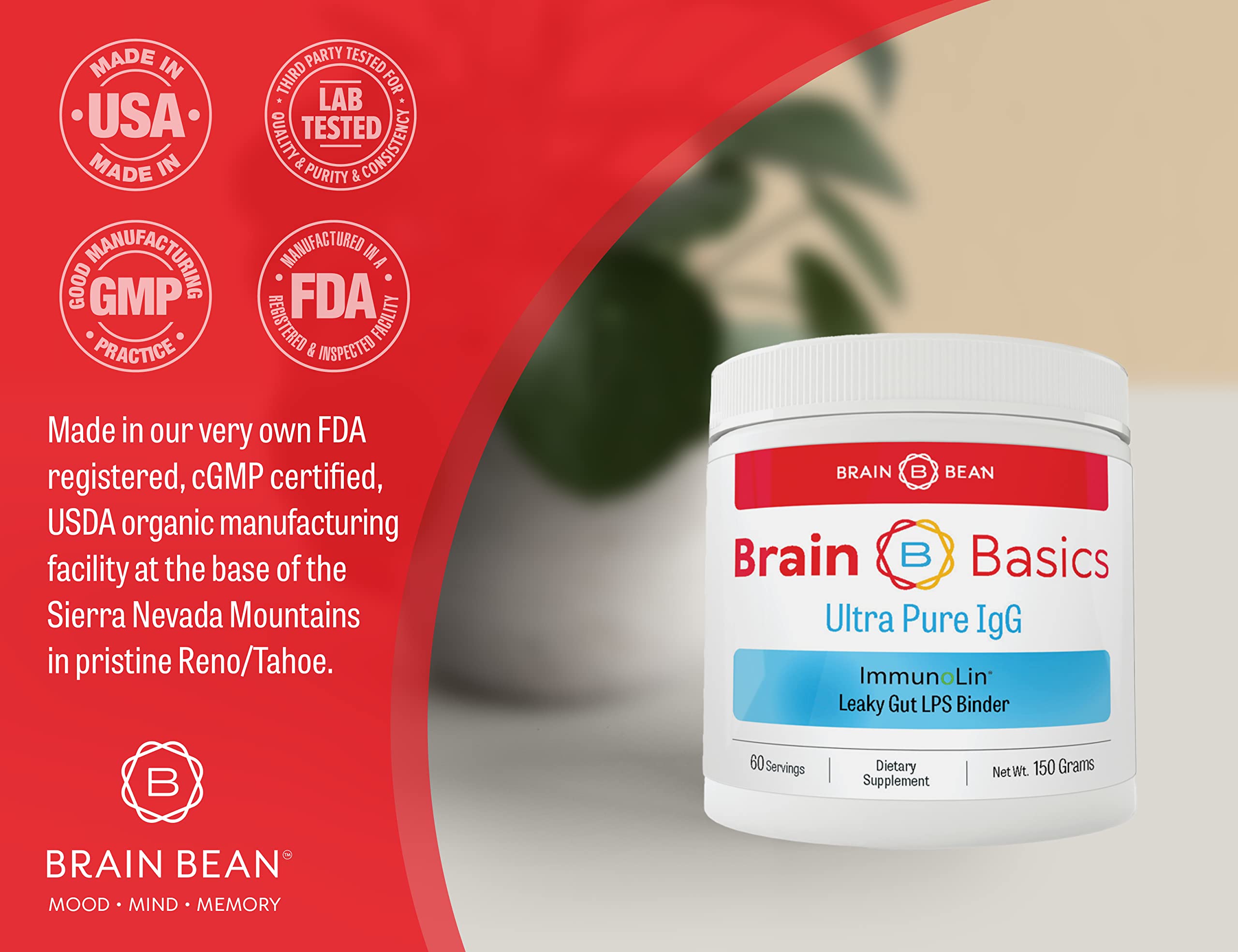 Brain Basics Ultra Pure IgG Supplement – Dairy-Free IgG-Immunolin Powder, 150g, 60 Servings