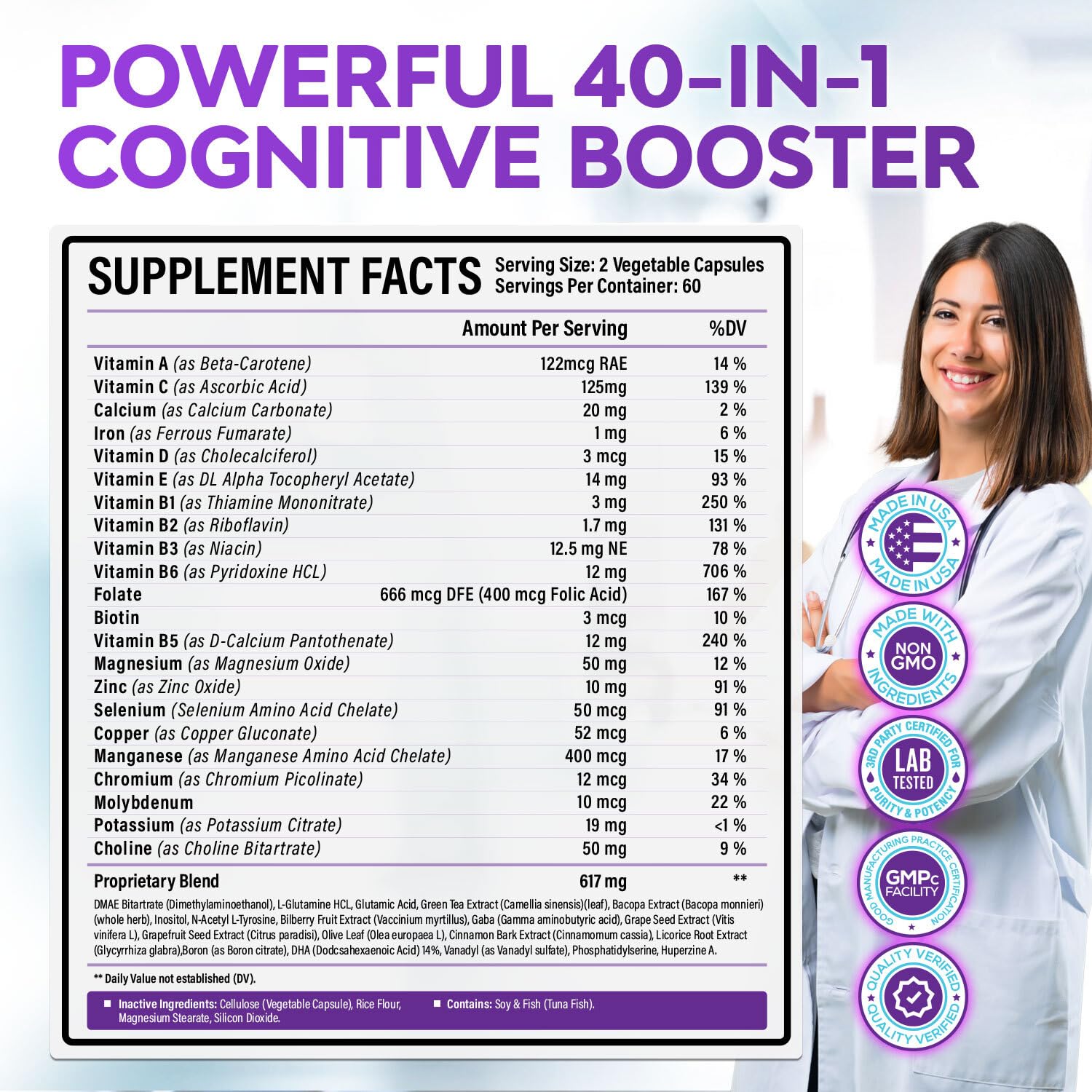 40-in-1 Brain Booster for Memory, Focus & Clarity | Natural Nootropic Brain Support with DMAE, Bacopa Monnieri – 120 V Capsules