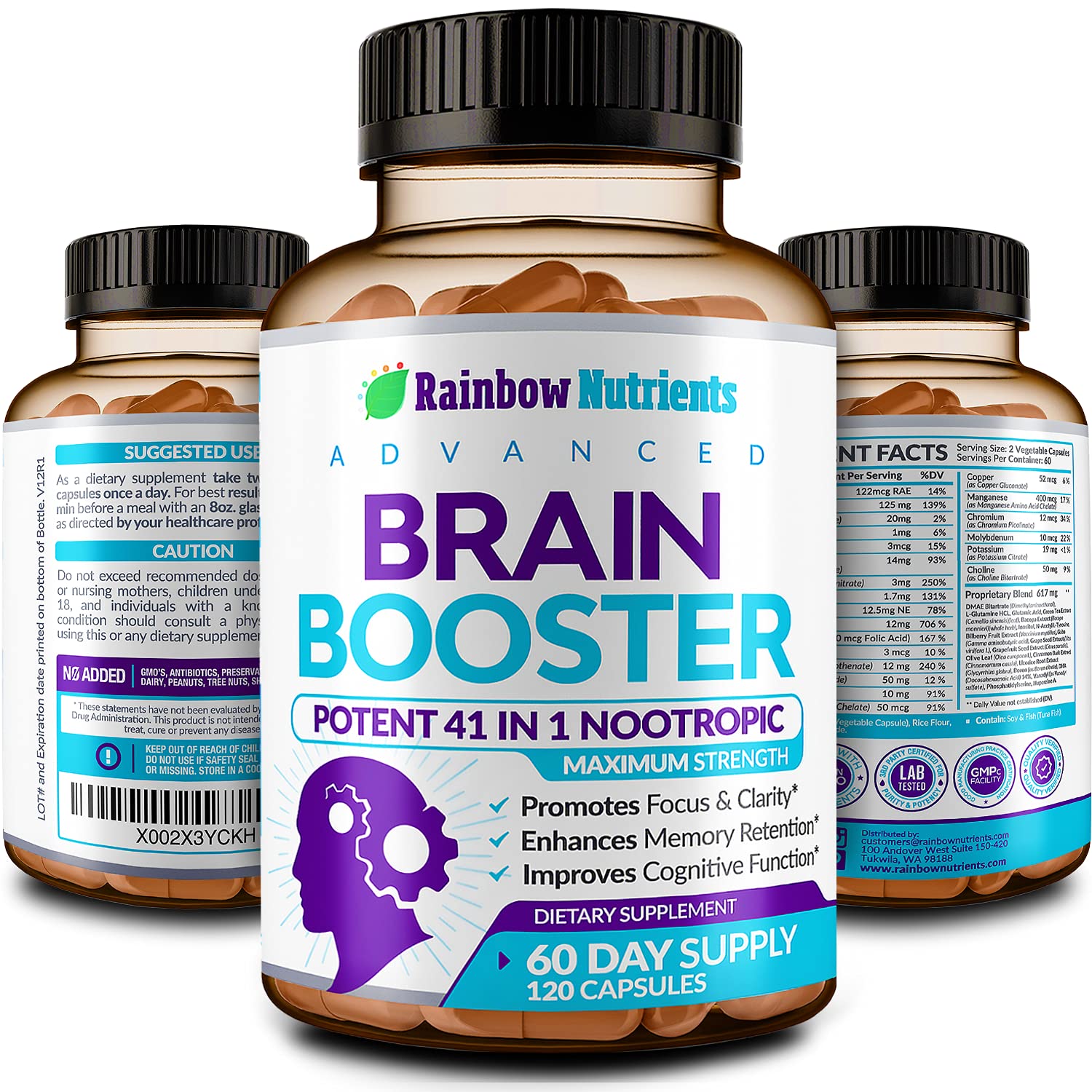 40-in-1 Brain Booster for Memory, Focus & Clarity | Natural Nootropic Brain Support with DMAE, Bacopa Monnieri – 120 V Capsules