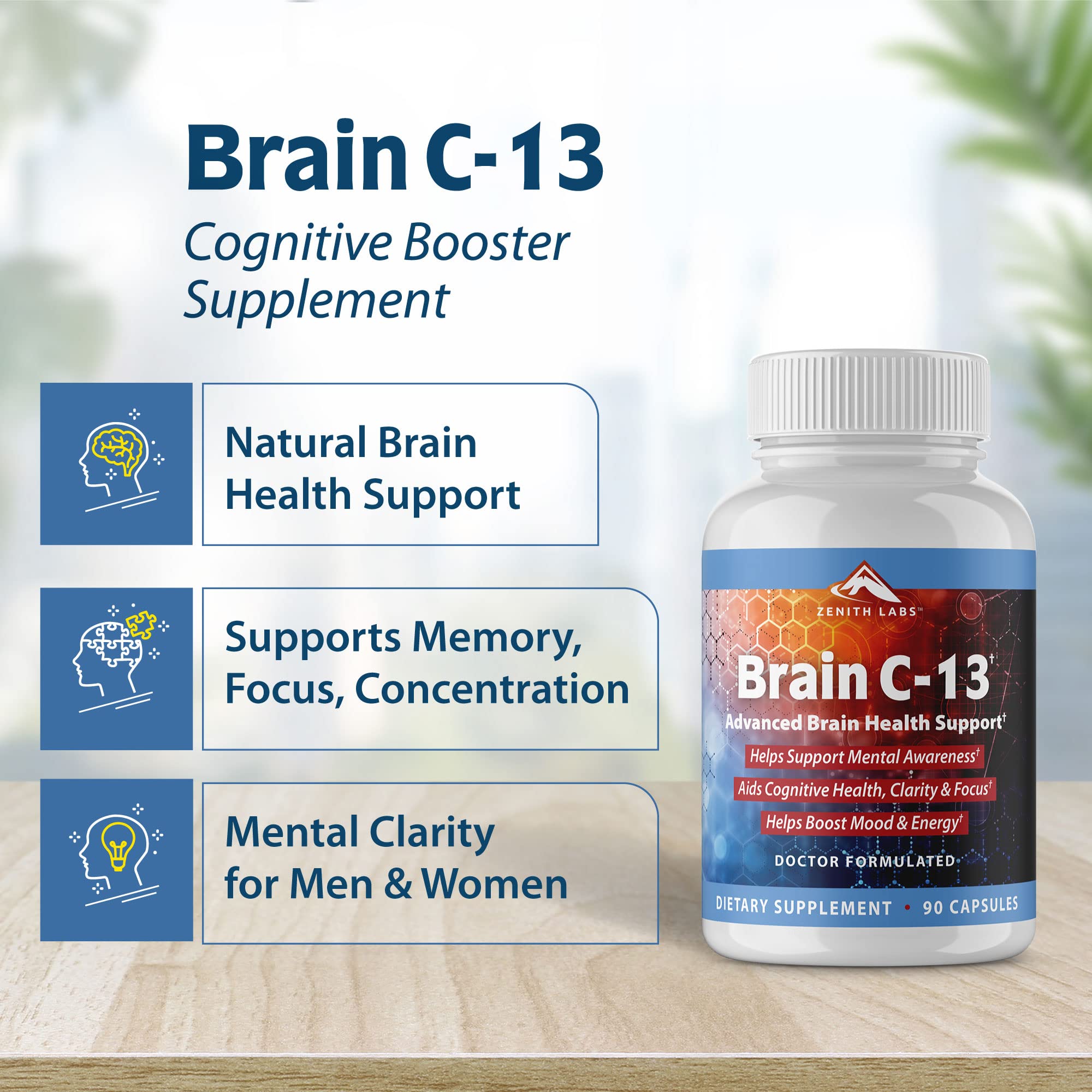 Brain C-13 Cognitive Booster by Zenith Labs – Natural Brain Health Support for Memory, Focus & Mental Clarity (Men & Women)