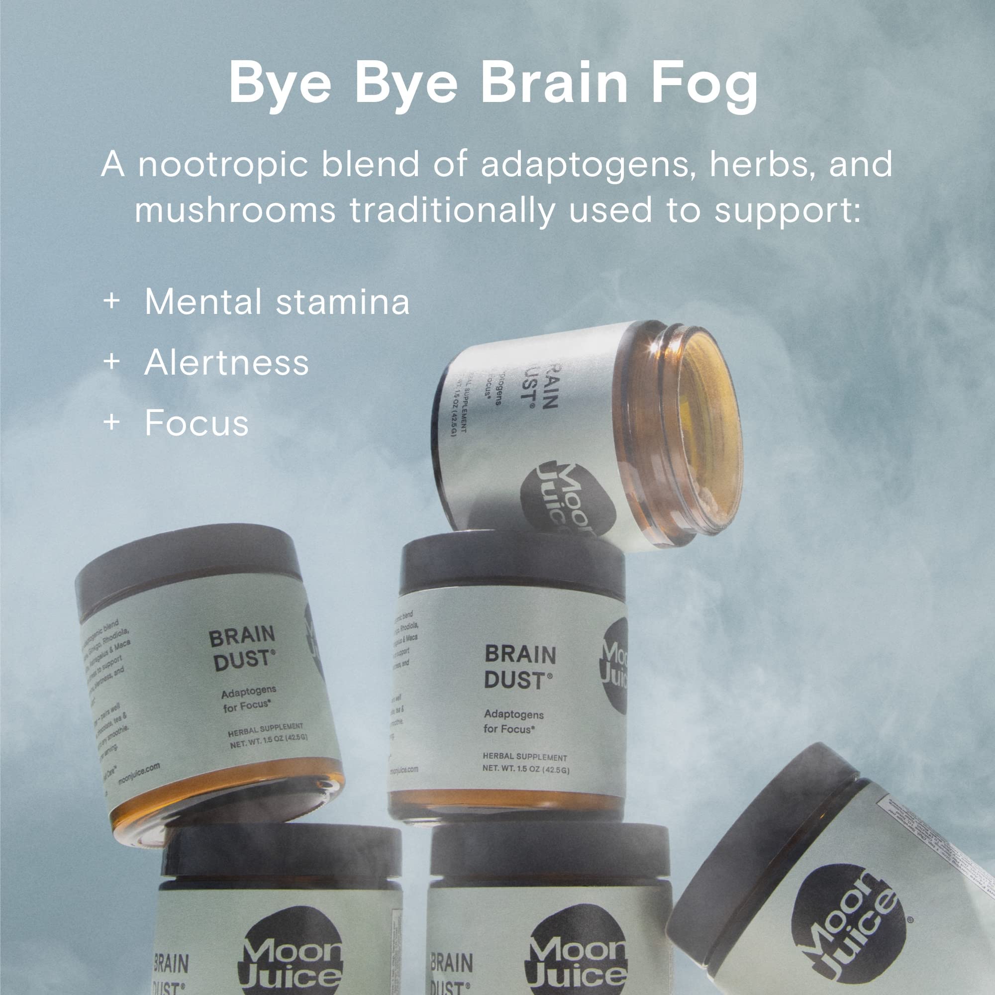 Moon Juice Brain Dust - Adaptogenic Mushroom Support for Focus, Memory & Clarity | Lion’s Mane, Ginkgo Biloba & Ashwagandha - Caffeine-Free, Vegan - 1.5 oz