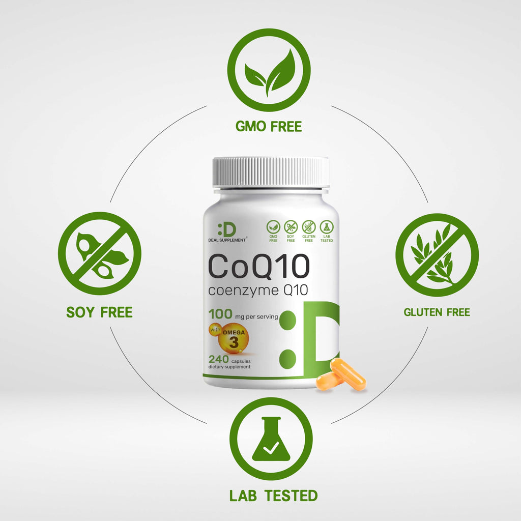 CoQ10 100mg + Omega-3 100mg – 240 Capsules | Heart, Brain & Energy Support | Non-GMO