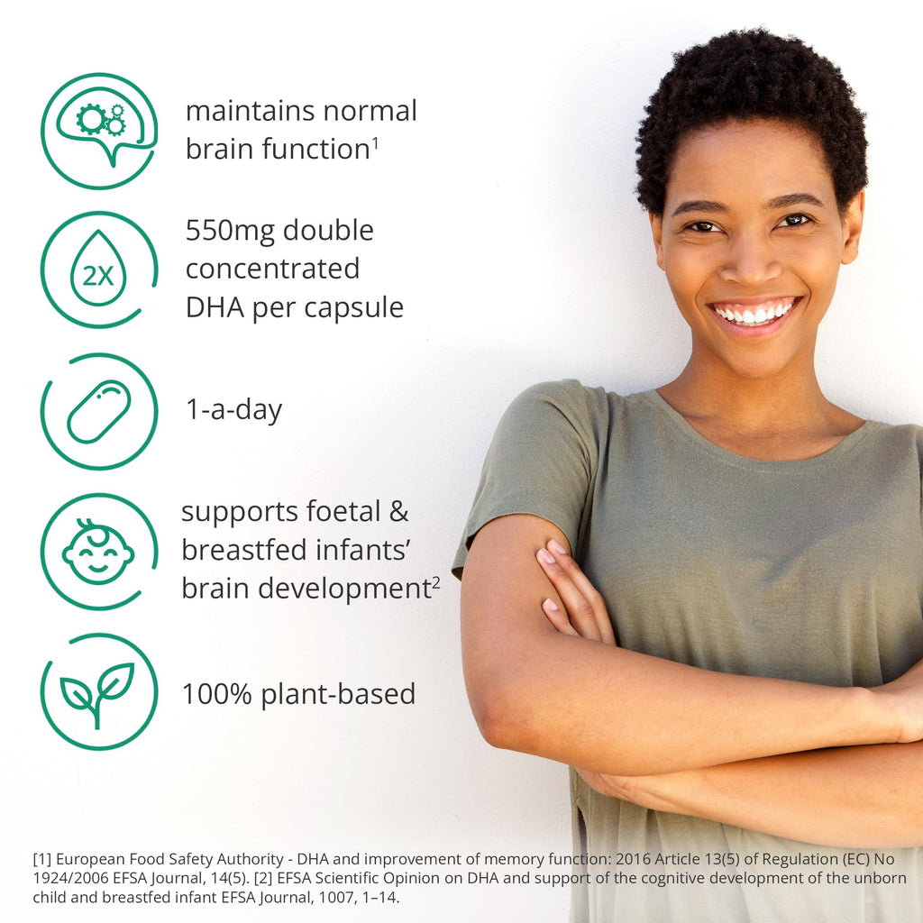DHA Supplements (60) | Double Concentrate Omega 3 DHA 500mg PER Capsule - 1 a day | Brain & Eye Health Support | Vegan DHA - Omega 3 Algae Oil | DHA 1000mg x 2 Capsules | 2 Month Supply | Sustainable