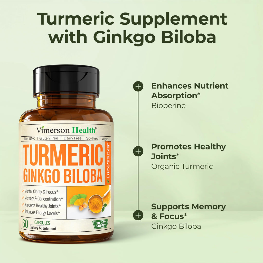 Vimerson Health Ginkgo Biloba & Turmeric Curcumin Supplement with Black Pepper – Focus, Memory & Joint Support – Vegan 2-Pack