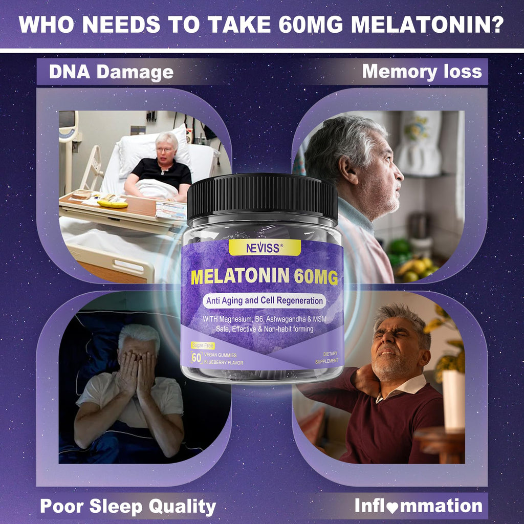 NEVISS Antioxidant Brain Support Melatonin Gummies 60mg for 50+ Adults | Immune & Anti-Aging