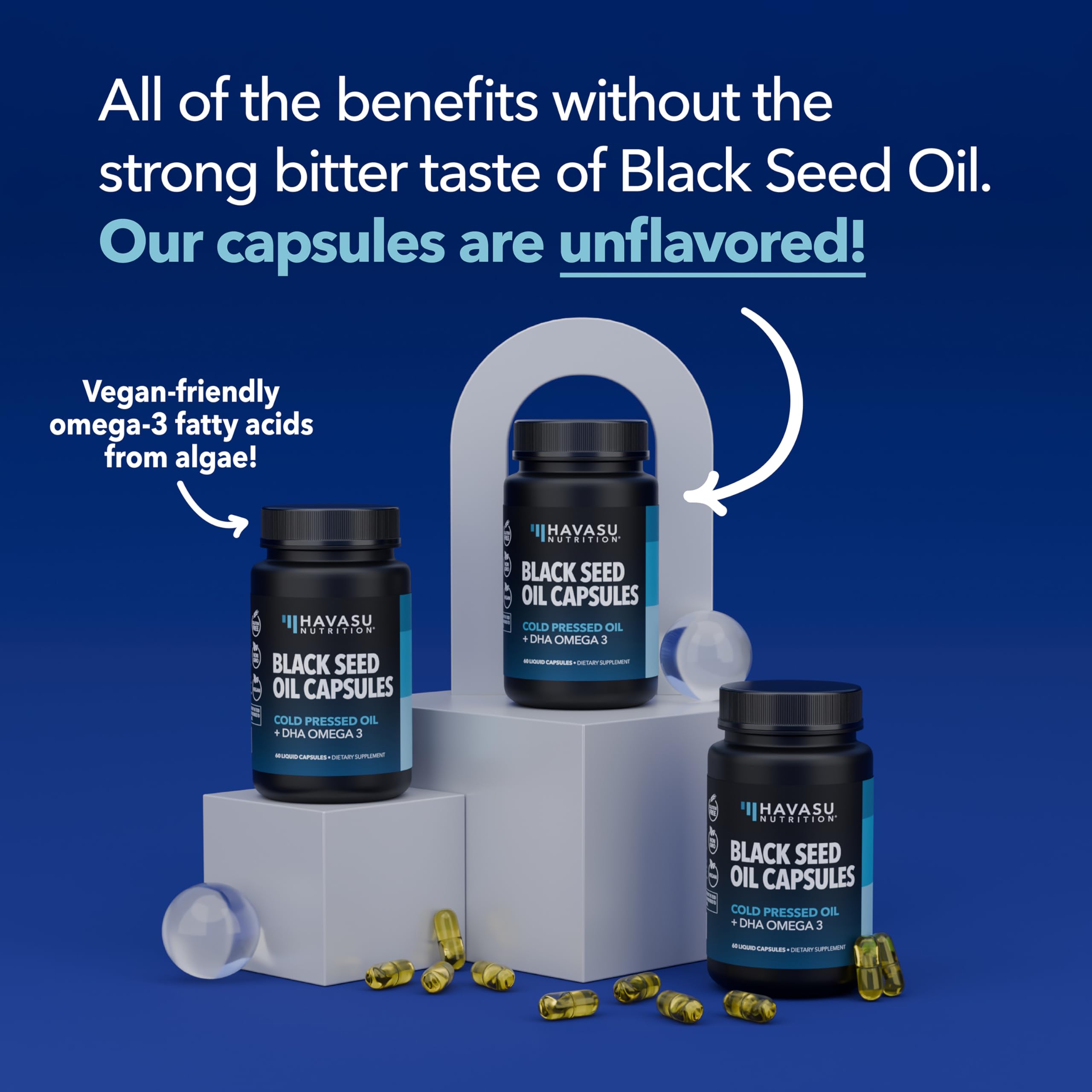 Black Seed Oil with DHA for Brain Health – Cold Pressed Black Cumin Seed Oil, DHA Omega-3 (60 Capsules) – Vegan, Non-GMO, Gluten-Free, 1 Month Supply