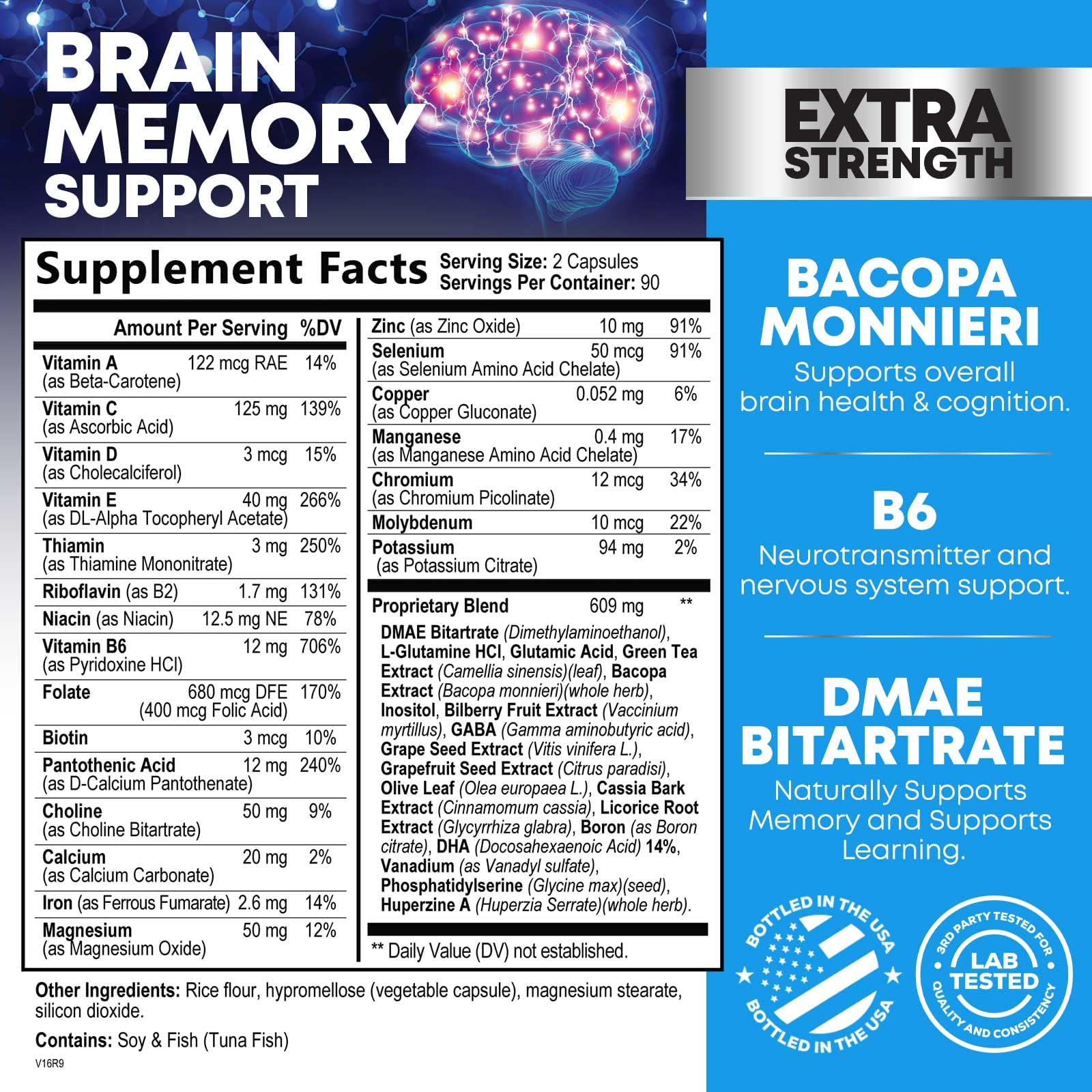 Brain Memory Supplement Pills – 3X Strength Nootropics for Focus (180 Capsules) | Bacopa, Phosphatidylserine & DMAE