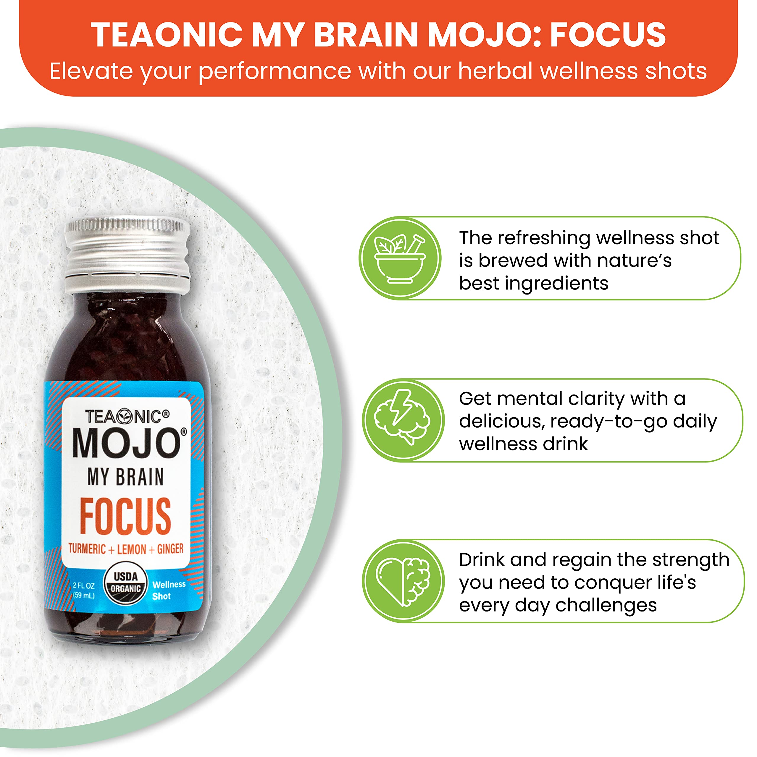 TEAONIC My Brain Mojo Focus Wellness Shots – Vegan, Gluten-Free, Non-GMO (12 x 2 fl oz)