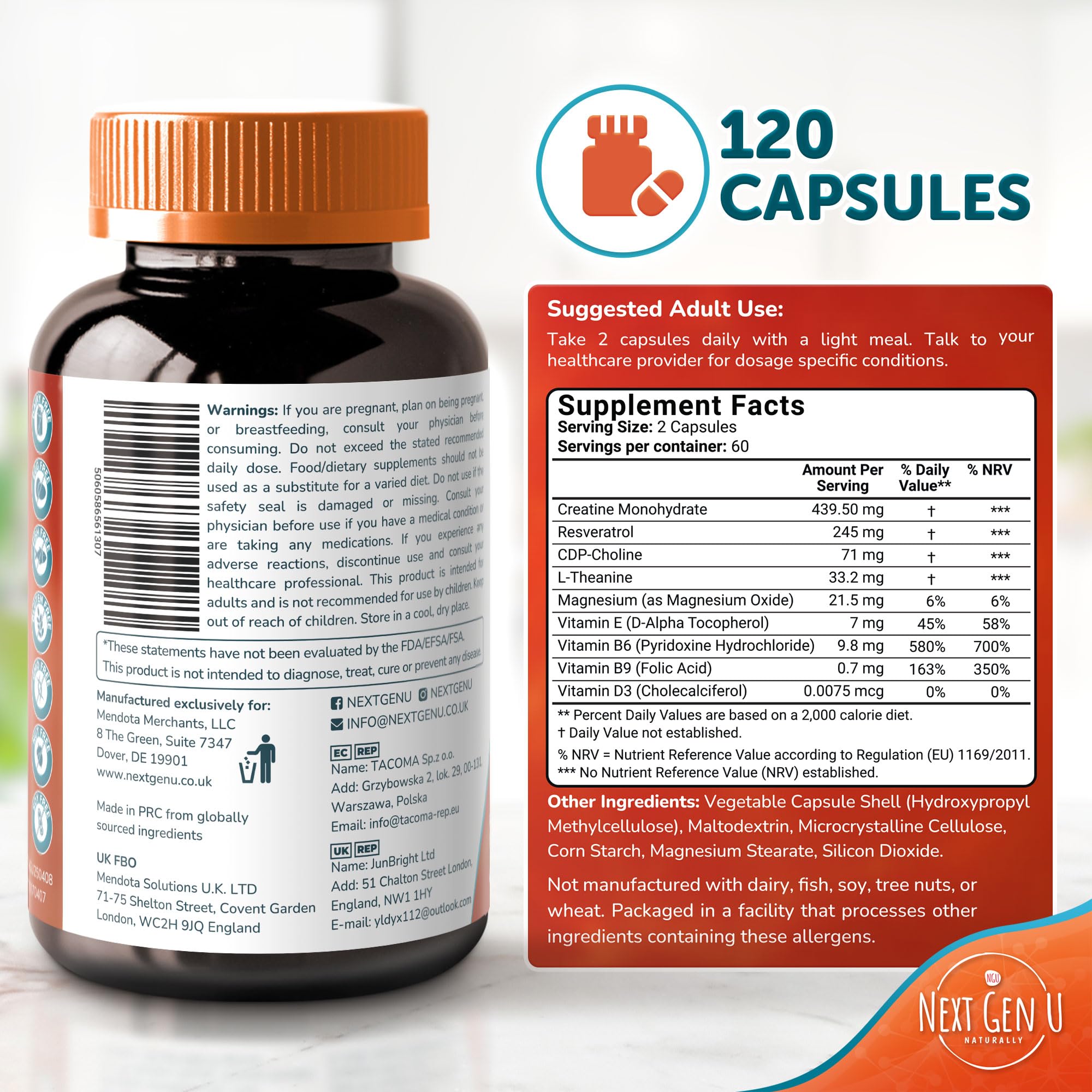 Brain Supplement - 120 Vegan Capsules | Nootropic for Memory, Focus & Cognitive Function - NextGenU