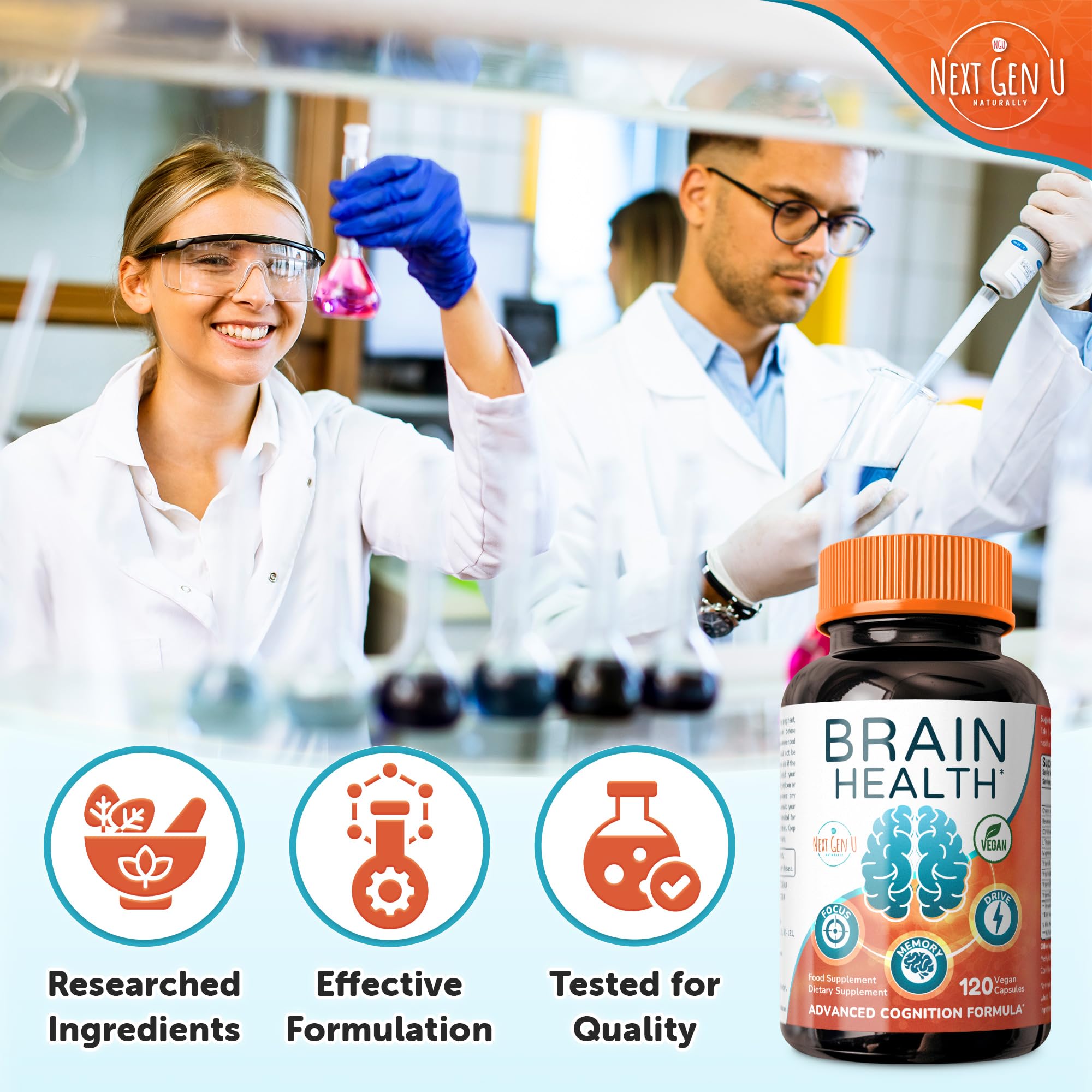 Brain Supplement - 120 Vegan Capsules | Nootropic for Memory, Focus & Cognitive Function - NextGenU