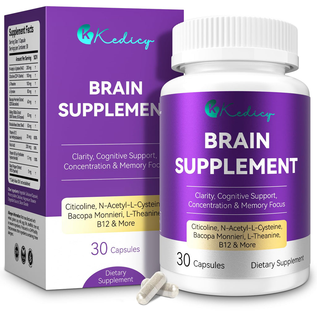 Brain Supplements for Memory and Focus - 11-in-1 NAC, B12, L-Theanine, Bacopa Monnieri | Vegan 30 Caps