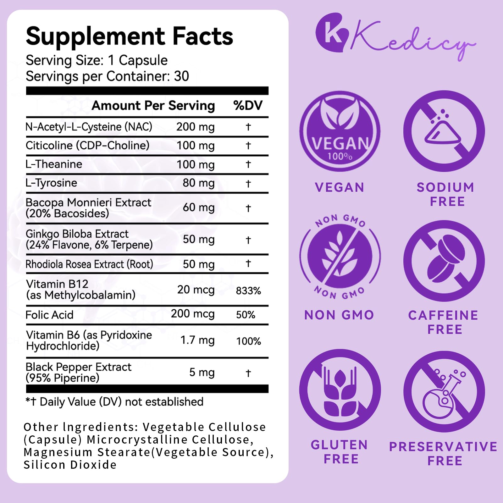 Brain Supplements for Memory and Focus - 11-in-1 NAC, B12, L-Theanine, Bacopa Monnieri | Vegan 30 Caps