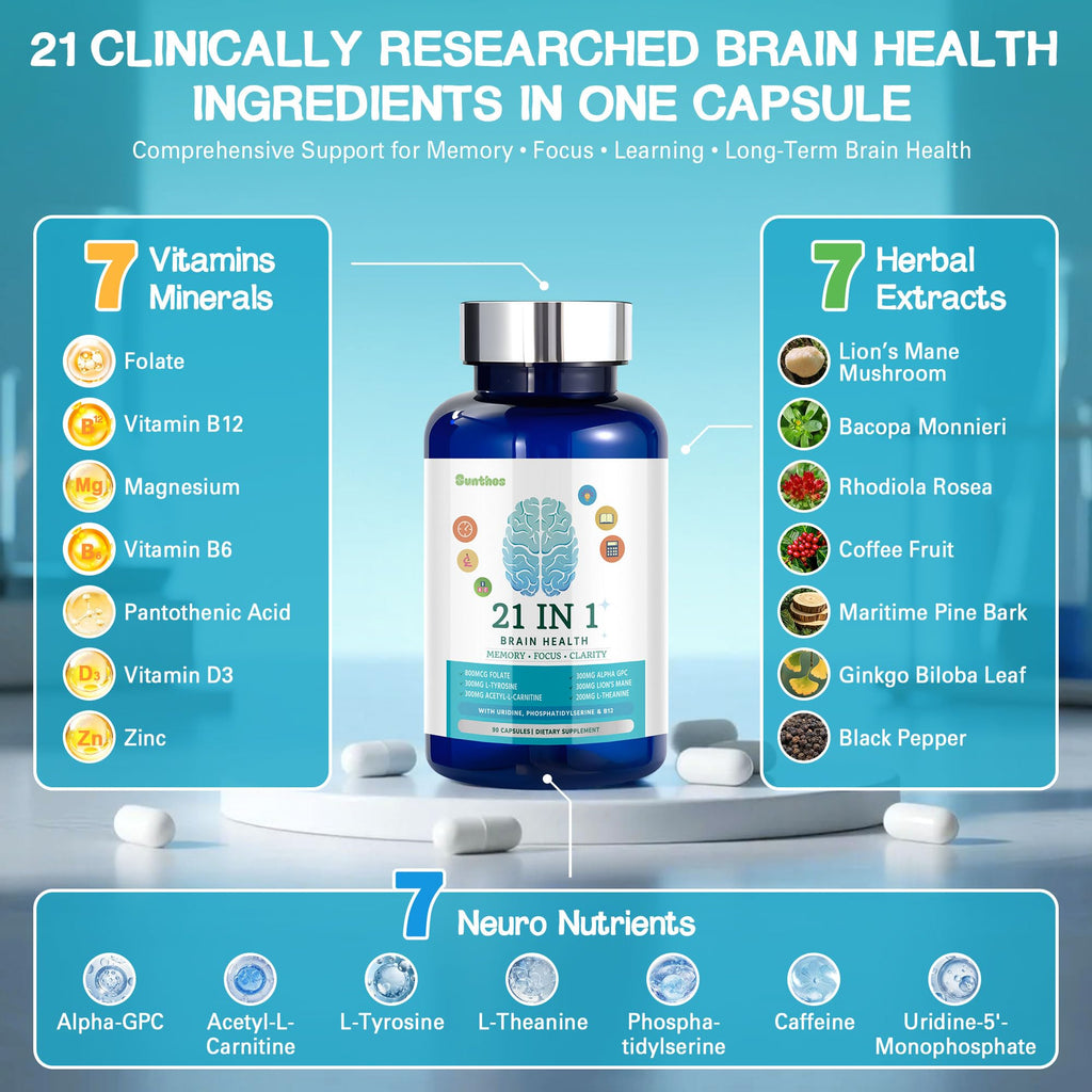 Brain Supplements for Memory and Focus – 21-in-1 Brain Support, 90 Capsules