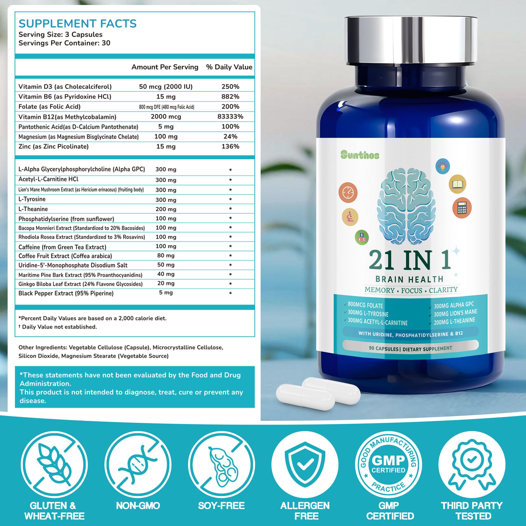 Brain Supplements for Memory and Focus – 21-in-1 Brain Support, 90 Capsules
