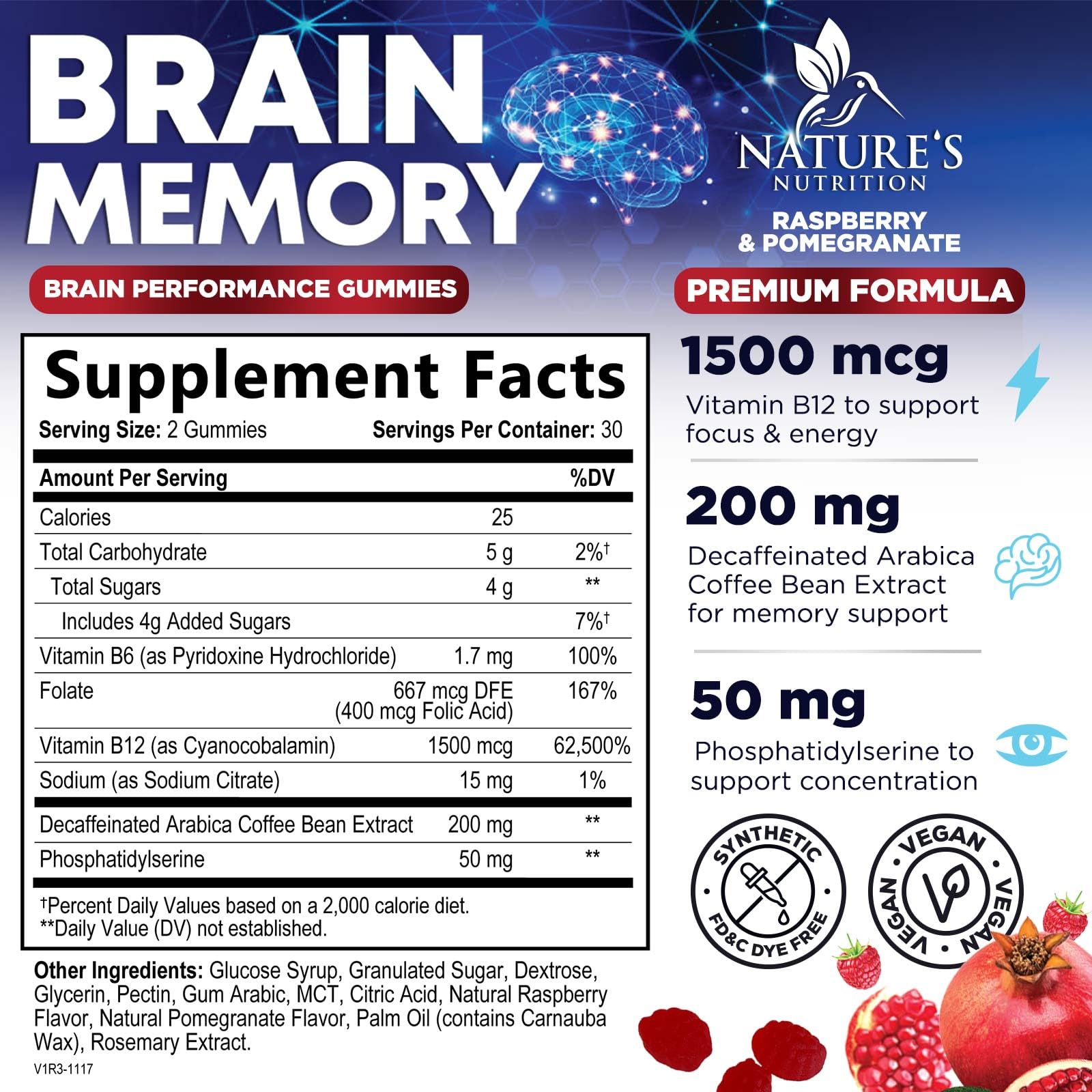 Brain Supplements for Memory & Focus Gummies - 60 Vegan Gummies | Nature's Nutrition