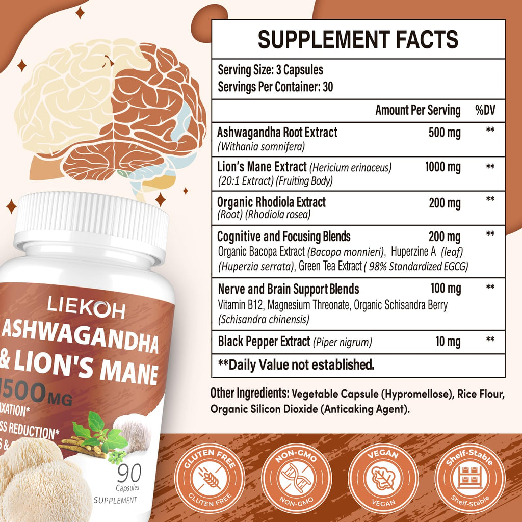 Ashwagandha & Lions Mane Capsules for Memory, Focus – 90 Caps
