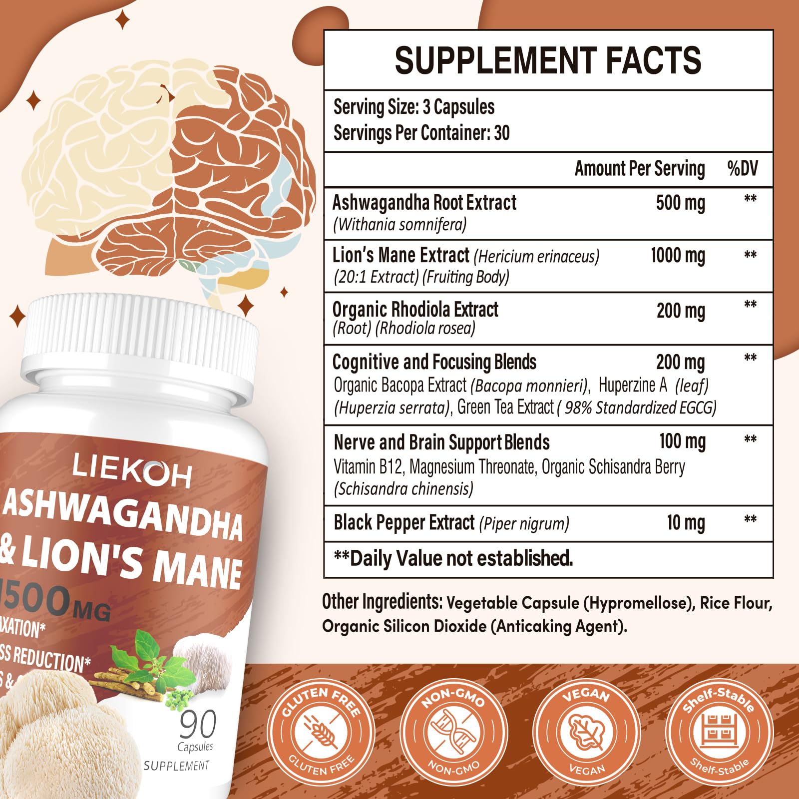 Ashwagandha & Lions Mane Capsules for Memory, Focus – 90 Caps