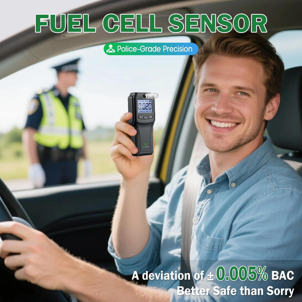 Breathalyzer with Fuel Cell Sensor - Police-Grade Alcohol Tester for Home Use (10 Mouthpieces)