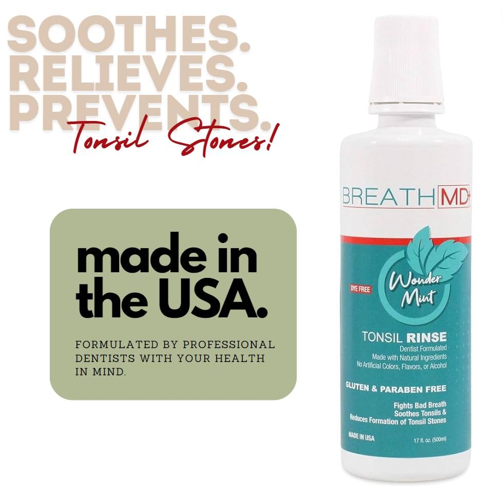BreathMD Tonsil Rinse - Natural Tonsil Stone Remover Mouthwash - Dentist Formulated - Alcohol Free, Dye Free, Gluten Free - Wonder Mint - Made in USA